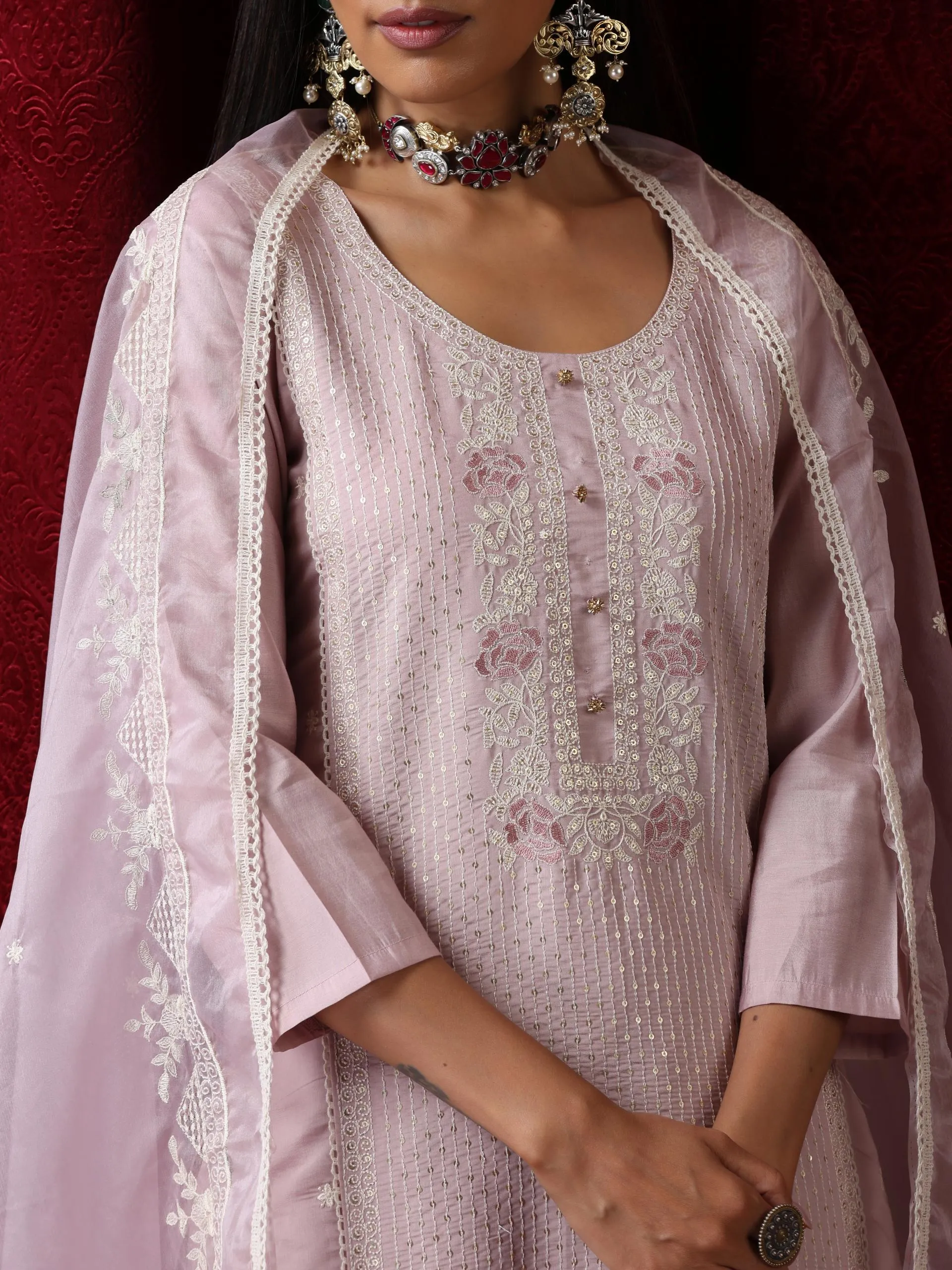 3 Pc Suit - Lilac Cotton Silk Embroidered Kurta with Cotton Pant and Chanderi Embroidered Dupatta