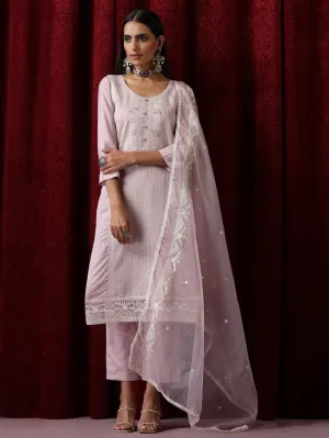 3 Pc Suit - Lilac Cotton Silk Embroidered Kurta with Cotton Pant and Chanderi Embroidered Dupatta