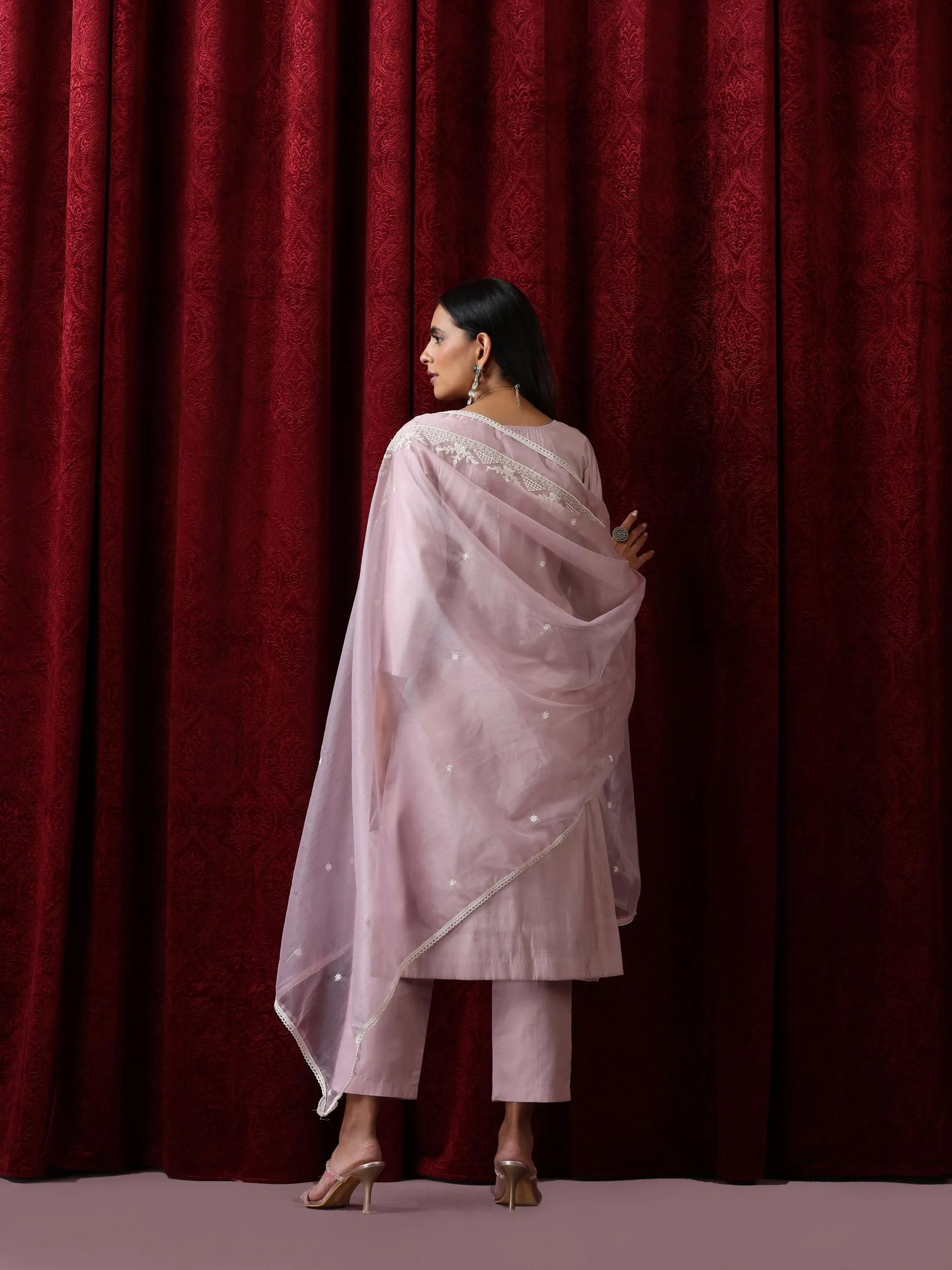 3 Pc Suit - Lilac Cotton Silk Embroidered Kurta with Cotton Pant and Chanderi Embroidered Dupatta