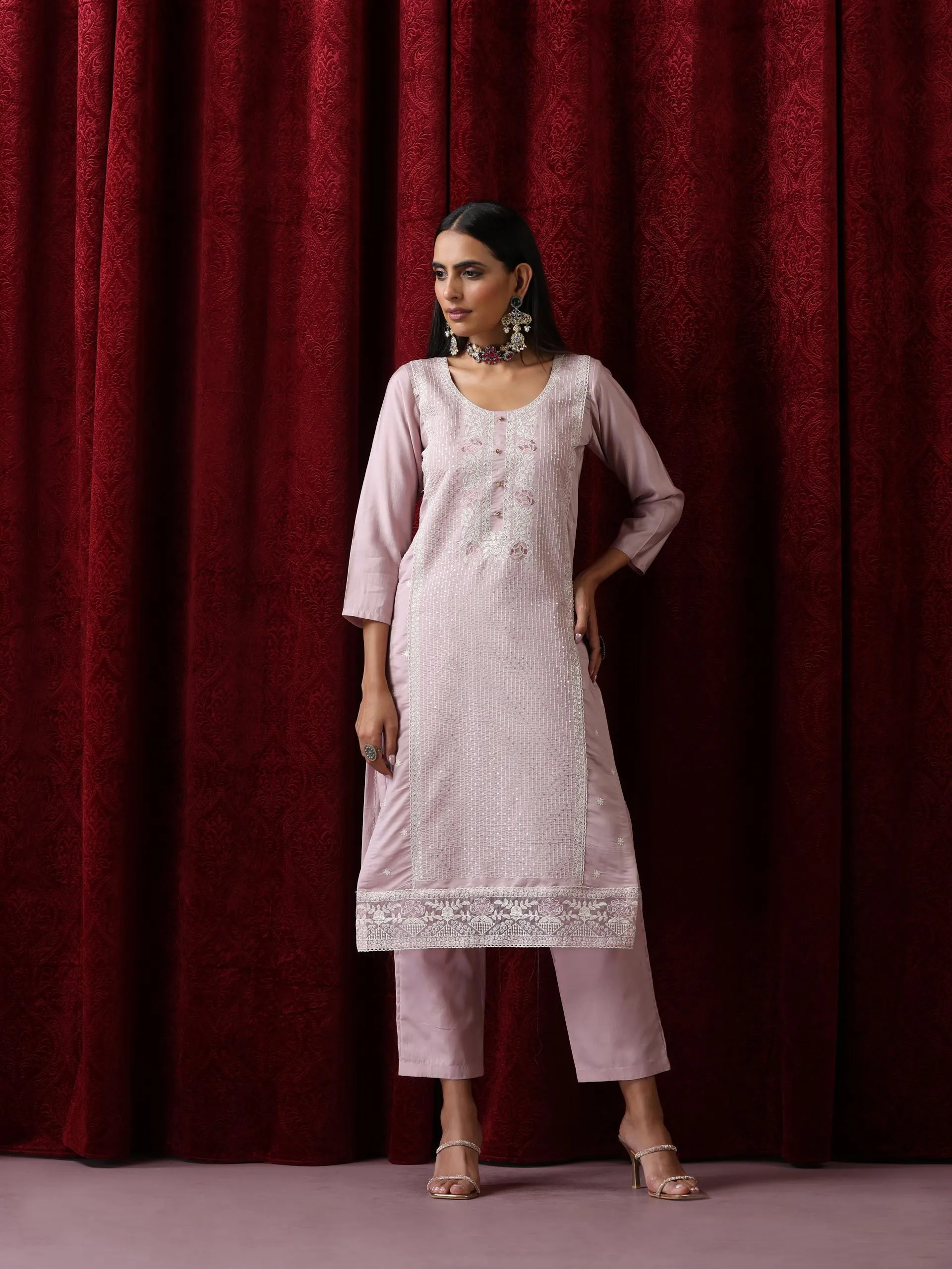 3 Pc Suit - Lilac Cotton Silk Embroidered Kurta with Cotton Pant and Chanderi Embroidered Dupatta