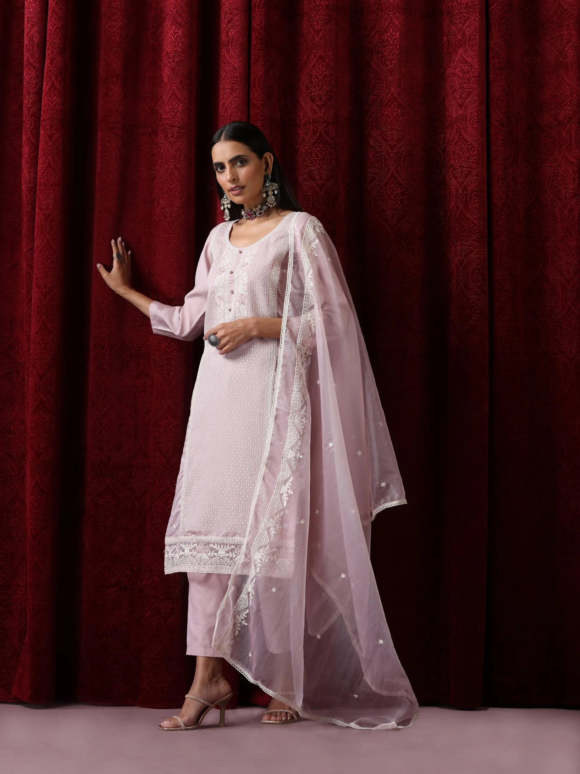 3 Pc Suit - Lilac Cotton Silk Embroidered Kurta with Cotton Pant and Chanderi Embroidered Dupatta
