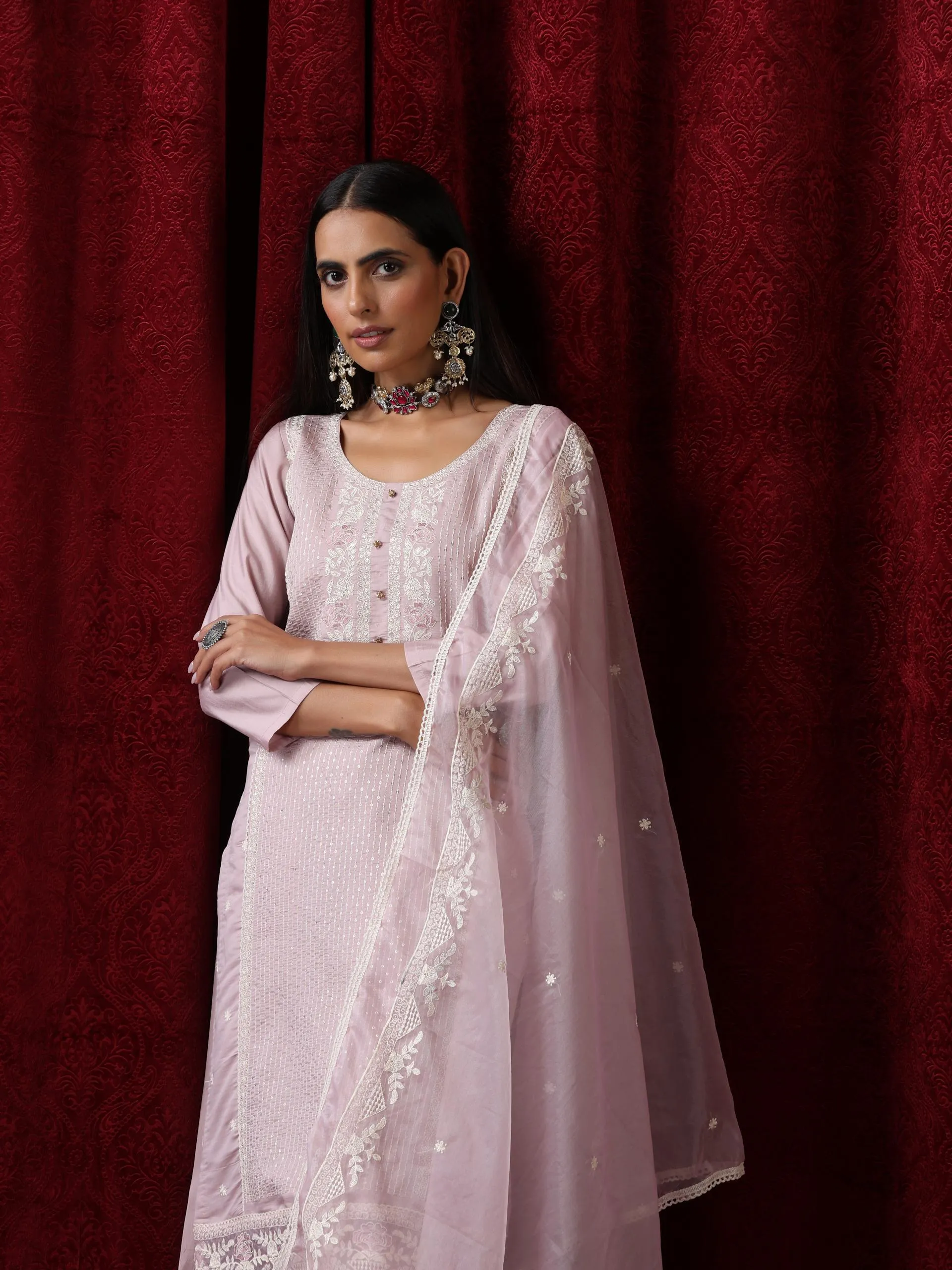 3 Pc Suit - Lilac Cotton Silk Embroidered Kurta with Cotton Pant and Chanderi Embroidered Dupatta