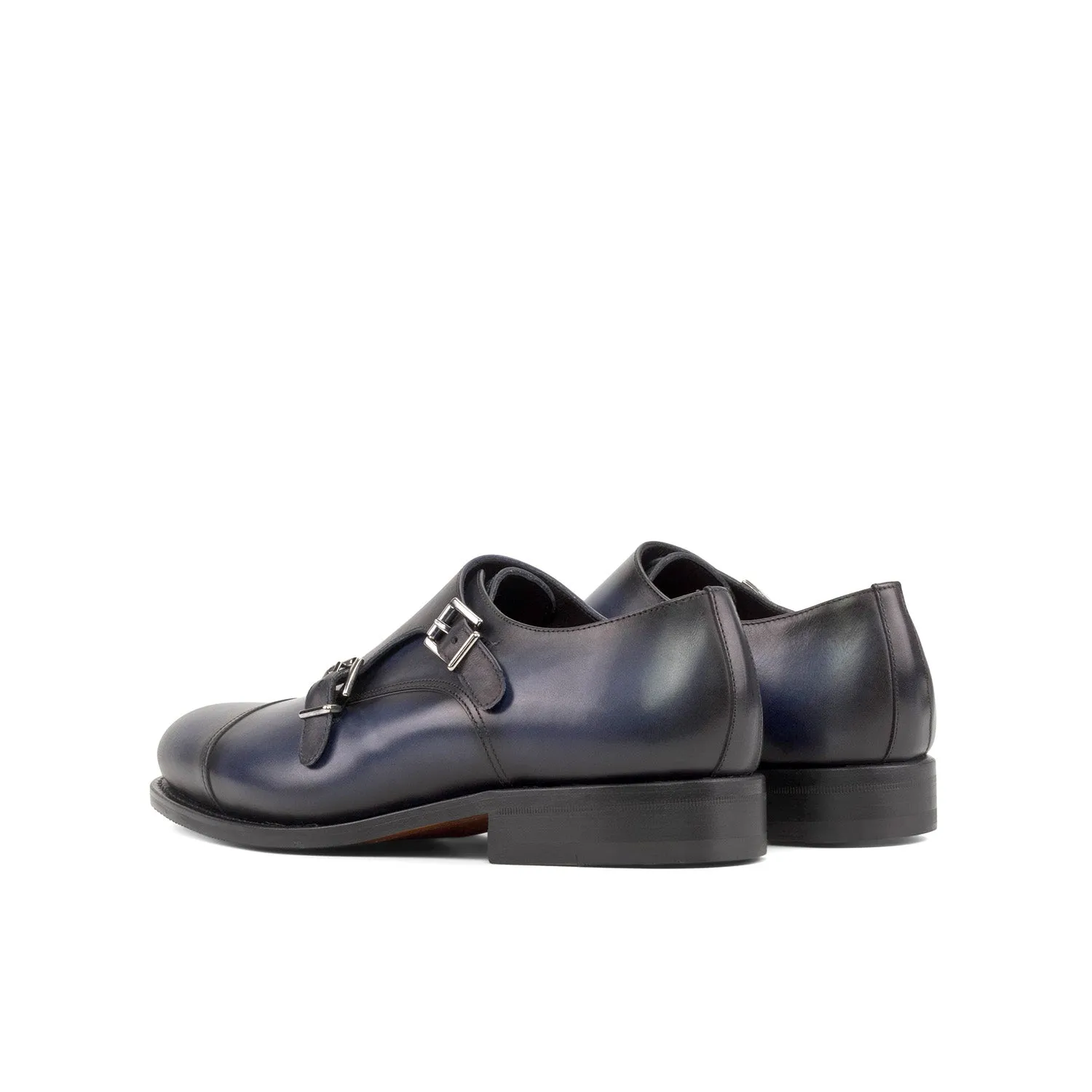 Ambrogio Bespoke Men's Shoes Blue Calf-Skin Leather Cap-Toe Monk-Straps Loafers (AMB2300)
