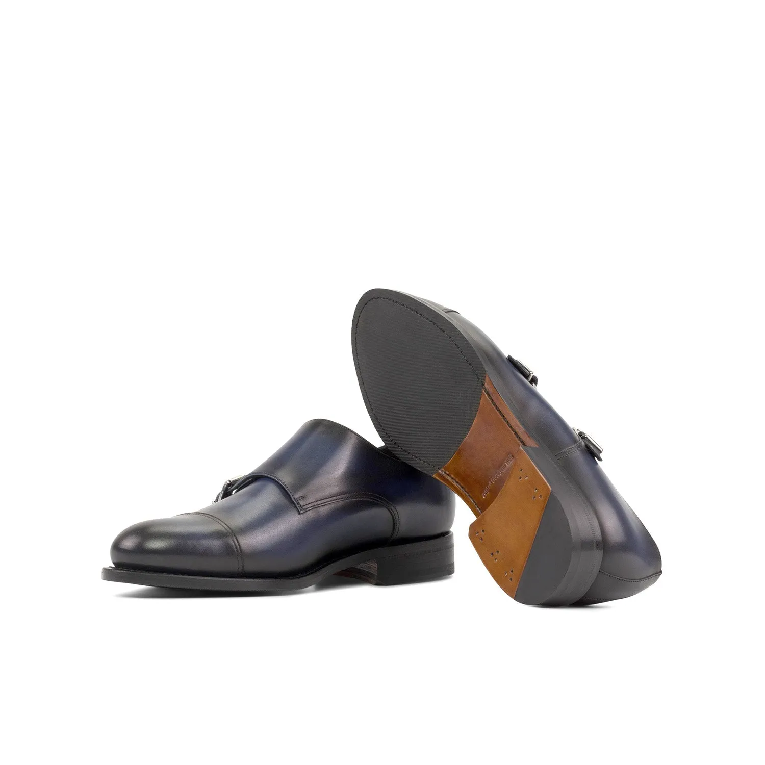 Ambrogio Bespoke Men's Shoes Blue Calf-Skin Leather Cap-Toe Monk-Straps Loafers (AMB2300)