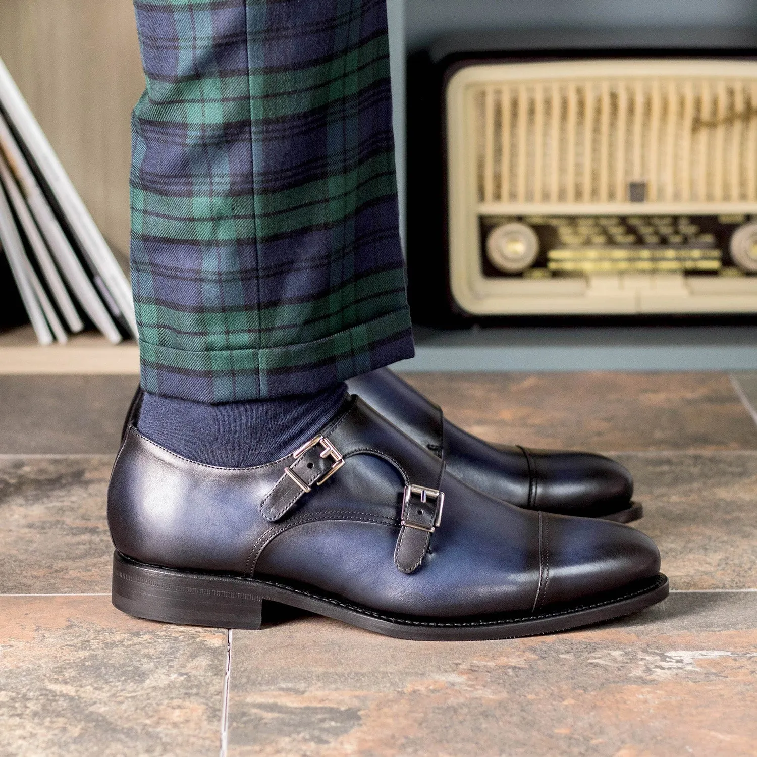 Ambrogio Bespoke Men's Shoes Blue Calf-Skin Leather Cap-Toe Monk-Straps Loafers (AMB2300)