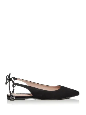 AQUA Womens Black Rhinestone Padded Pointed Toe Lace-Up Leather Ballet Flats