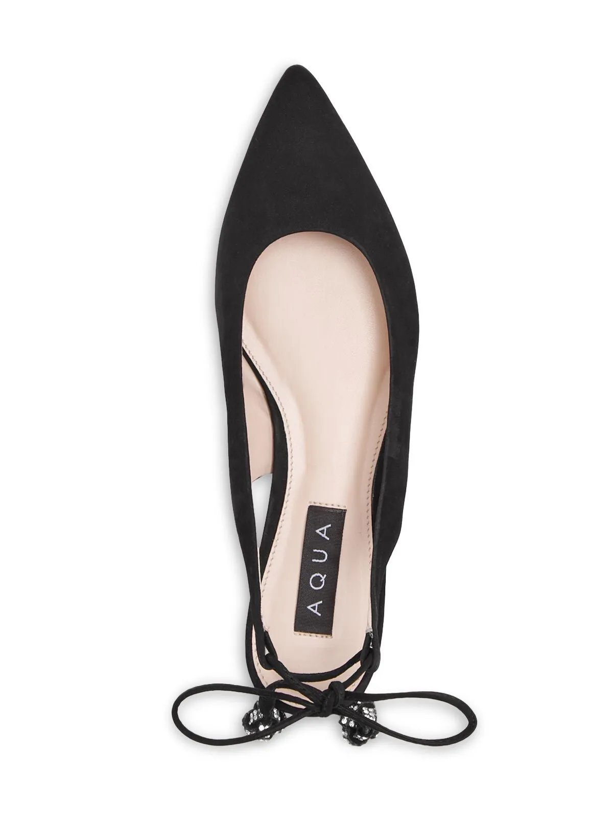 AQUA Womens Black Rhinestone Padded Pointed Toe Lace-Up Leather Ballet Flats
