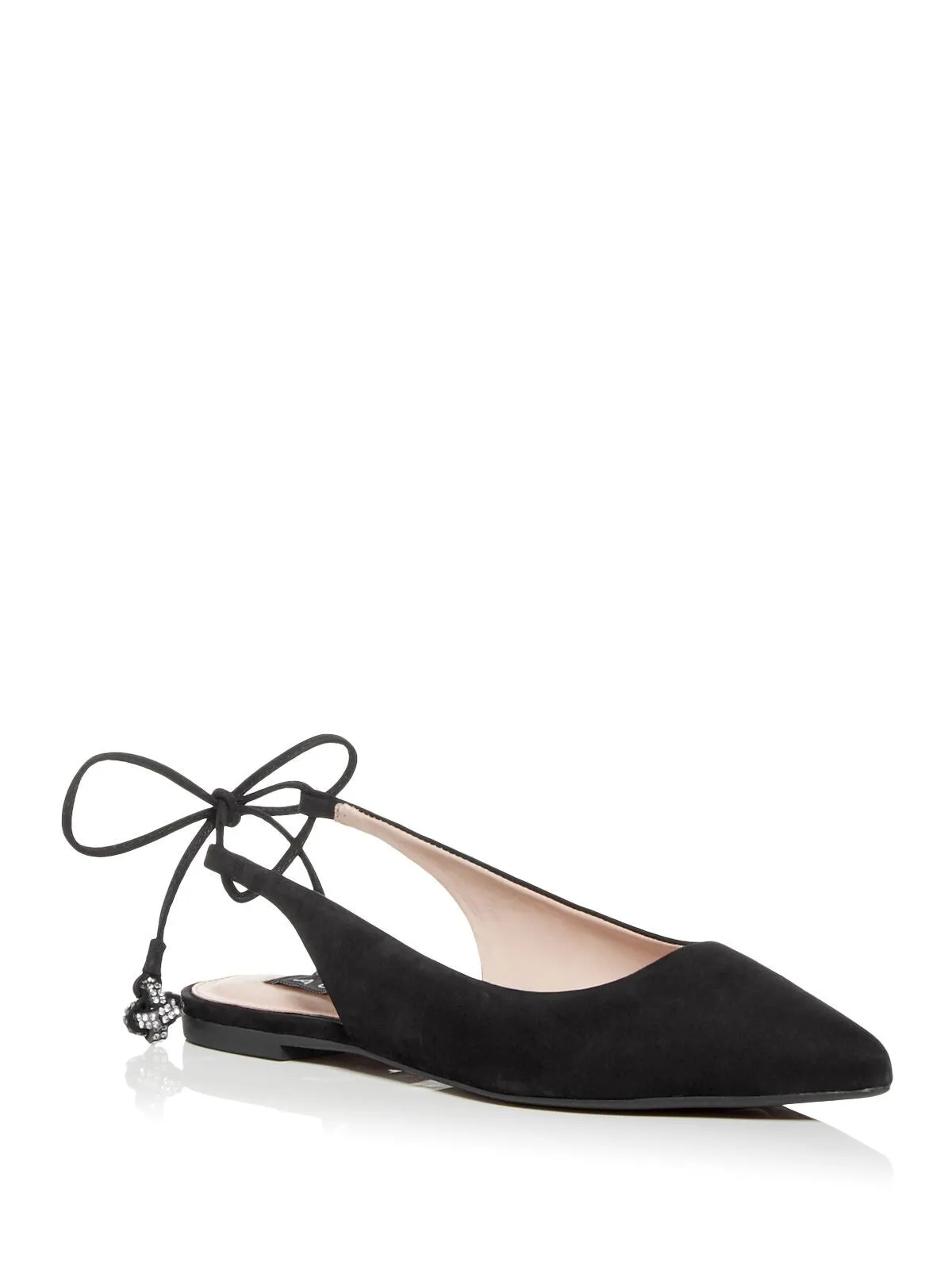 AQUA Womens Black Rhinestone Padded Pointed Toe Lace-Up Leather Ballet Flats