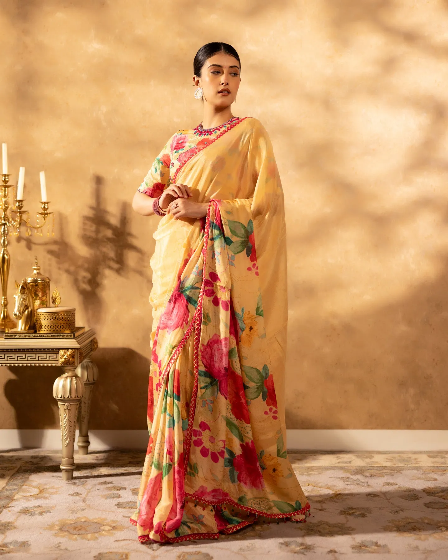 Beige Blossom Chinnon Saree