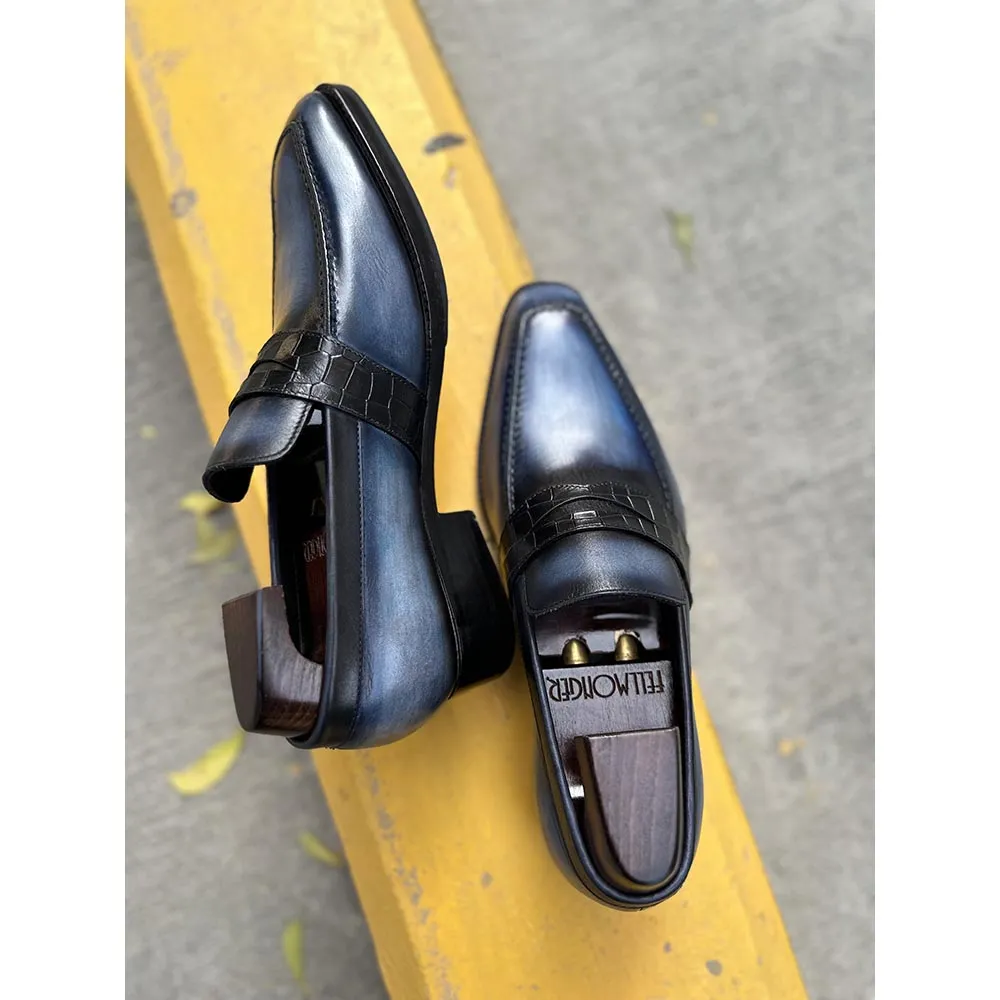 Blue Mirror Glossed Washed Patina Square Toe Penny Croco Saddle Loafers