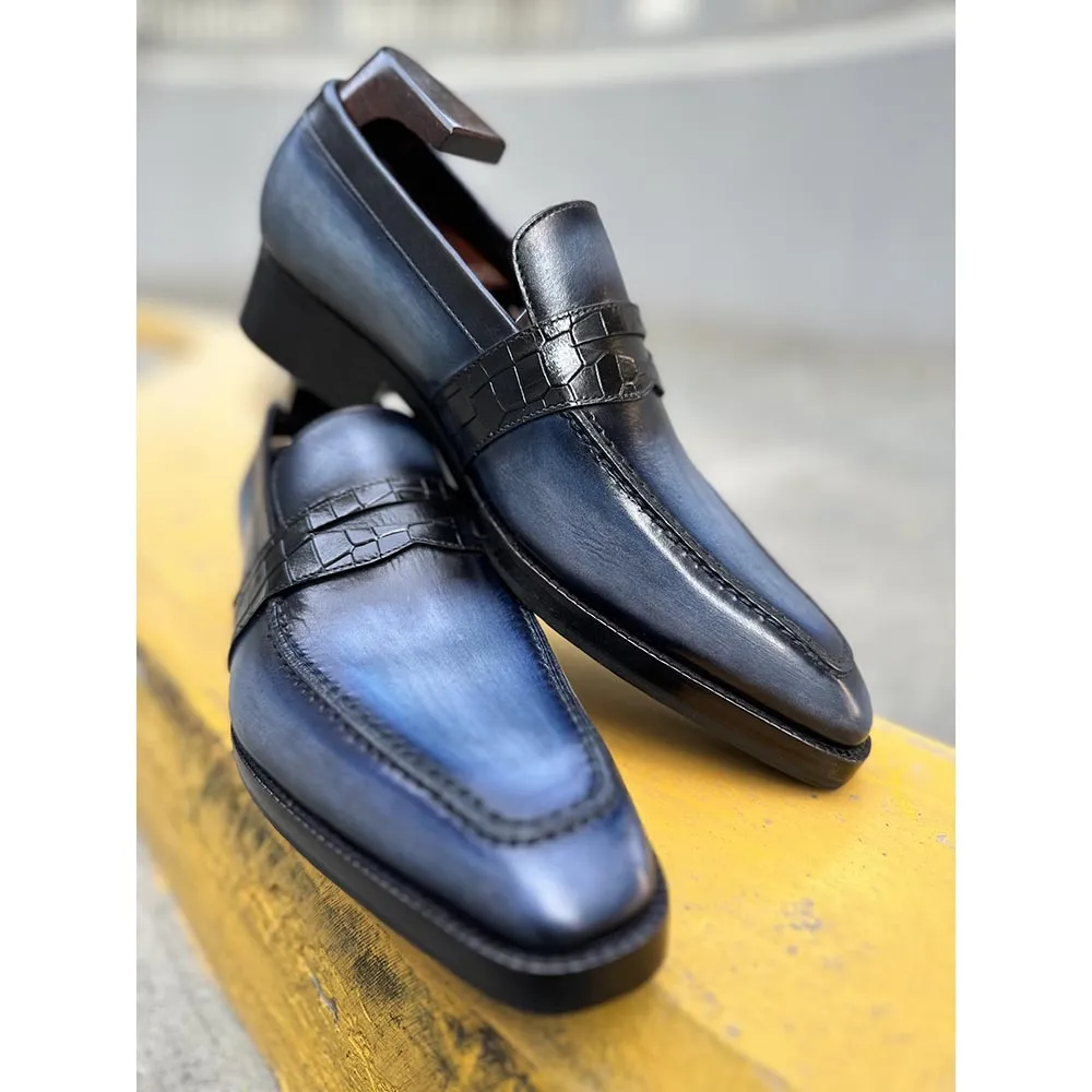 Blue Mirror Glossed Washed Patina Square Toe Penny Croco Saddle Loafers