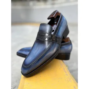 Blue Mirror Glossed Washed Patina Square Toe Penny Croco Saddle Loafers