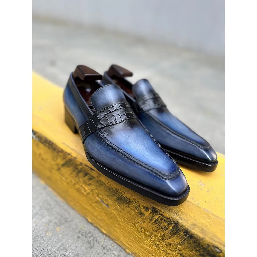 Blue Mirror Glossed Washed Patina Square Toe Penny Croco Saddle Loafers