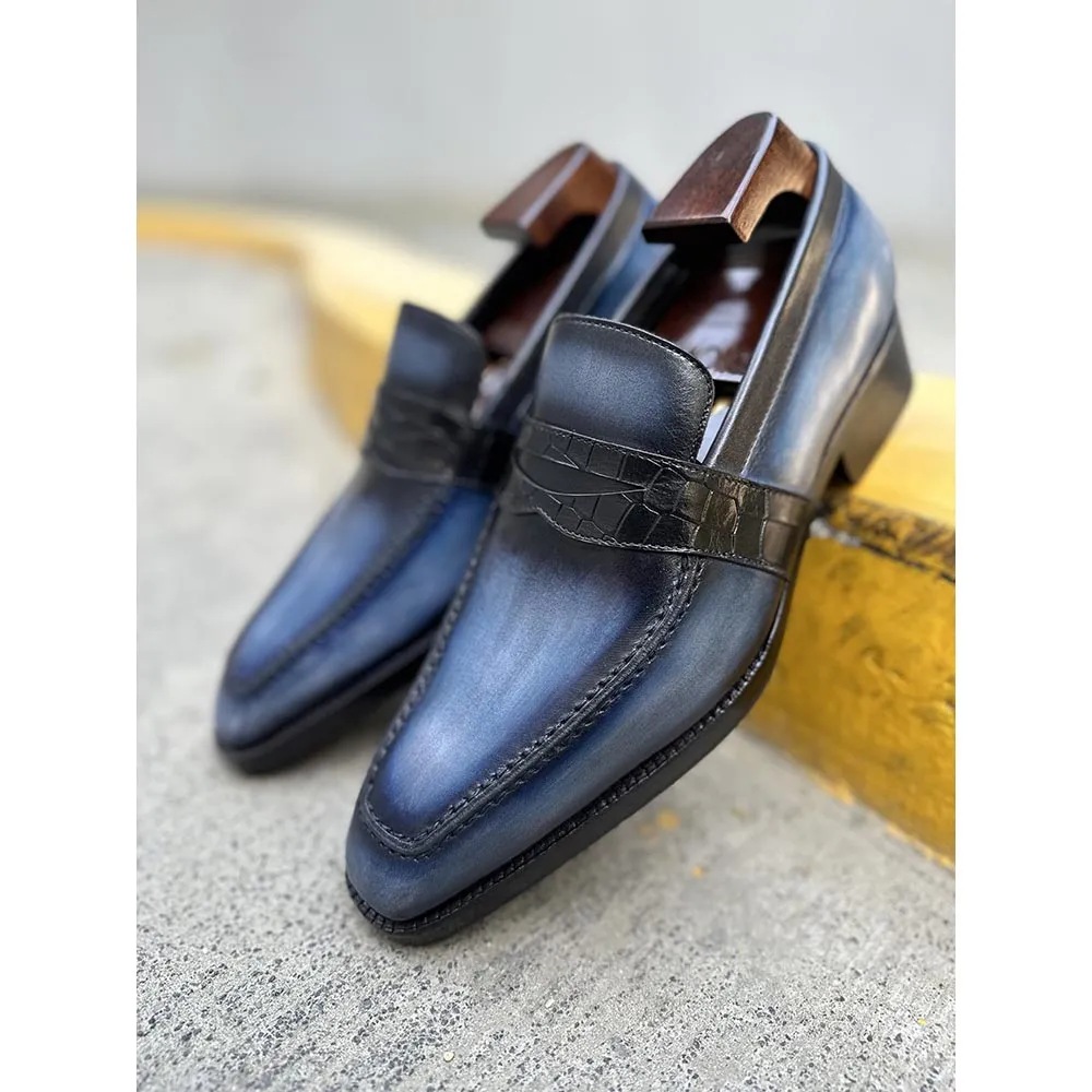 Blue Mirror Glossed Washed Patina Square Toe Penny Croco Saddle Loafers