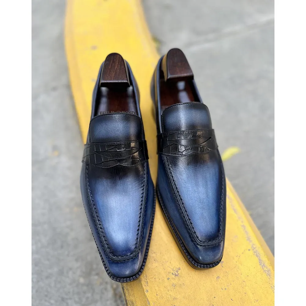 Blue Mirror Glossed Washed Patina Square Toe Penny Croco Saddle Loafers
