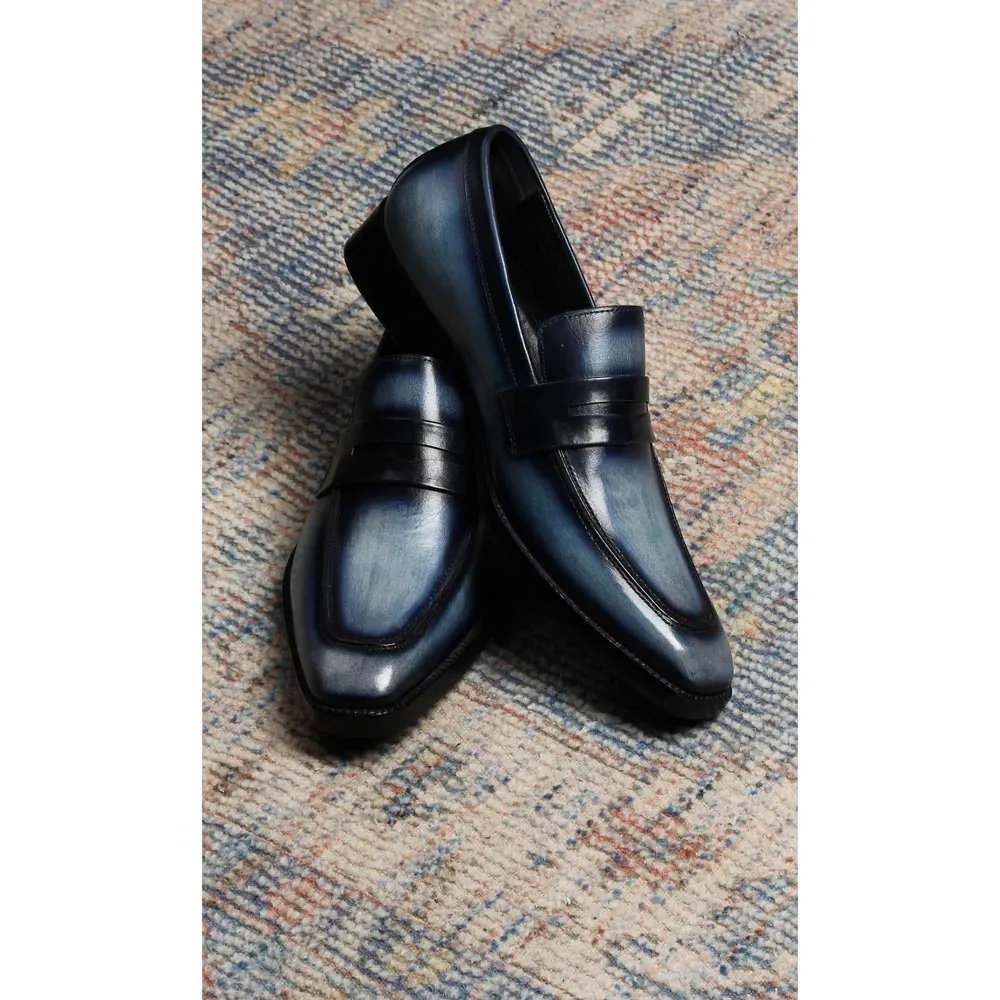 Blue Mirror Glossed Washed Patina Square toe Penny Loafers