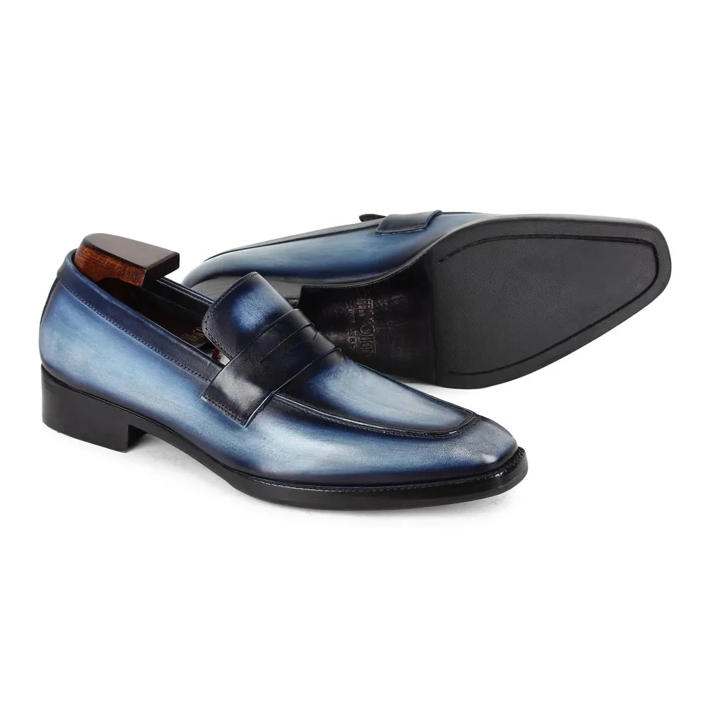 Blue Mirror Glossed Washed Patina Square toe Penny Loafers