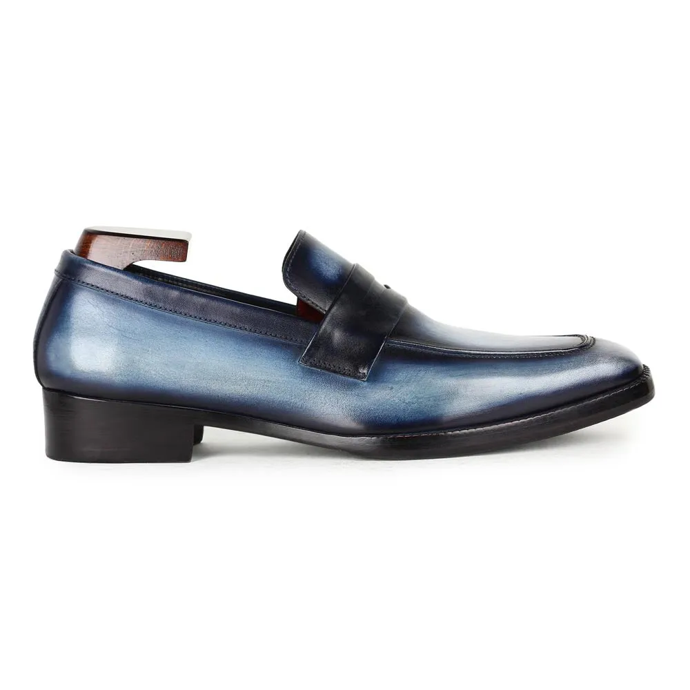 Blue Mirror Glossed Washed Patina Square toe Penny Loafers