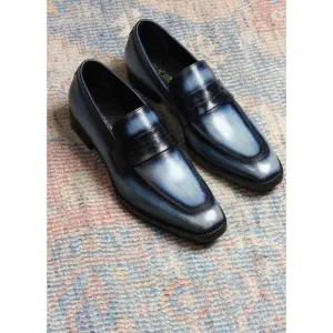 Blue Mirror Glossed Washed Patina Square toe Penny Loafers
