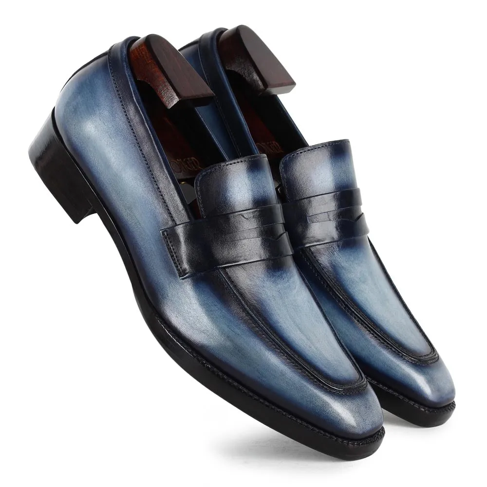 Blue Mirror Glossed Washed Patina Square toe Penny Loafers