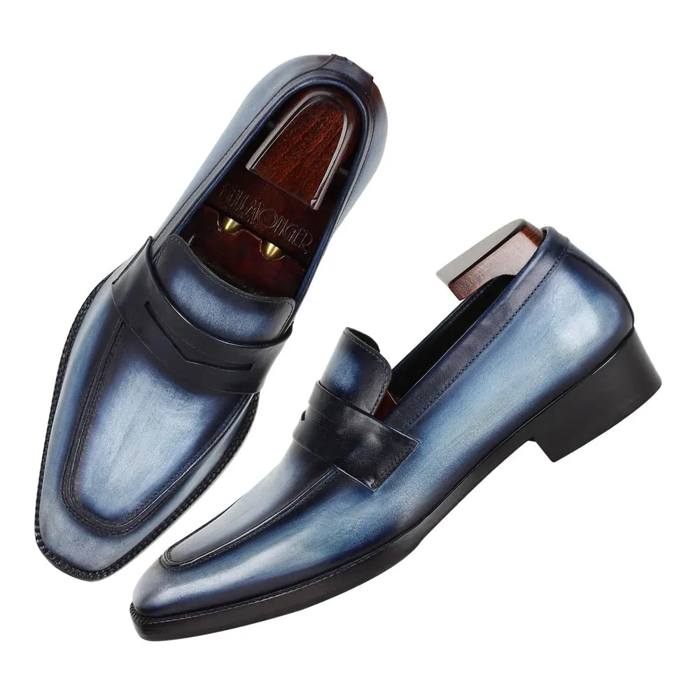Blue Mirror Glossed Washed Patina Square toe Penny Loafers