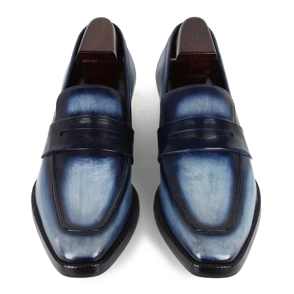 Blue Mirror Glossed Washed Patina Square toe Penny Loafers