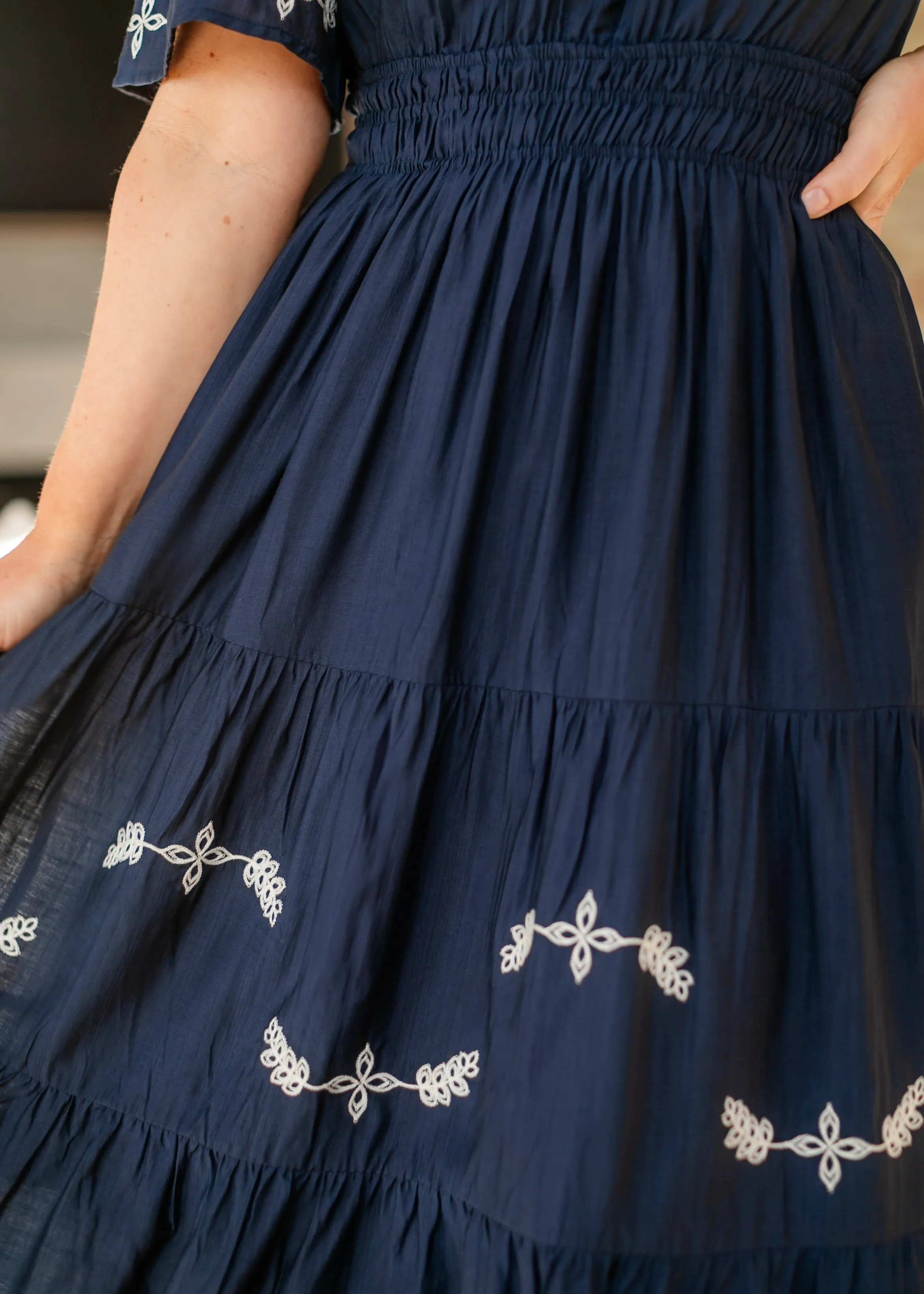 Embroidered Split V-neck Tiered Maxi Dress