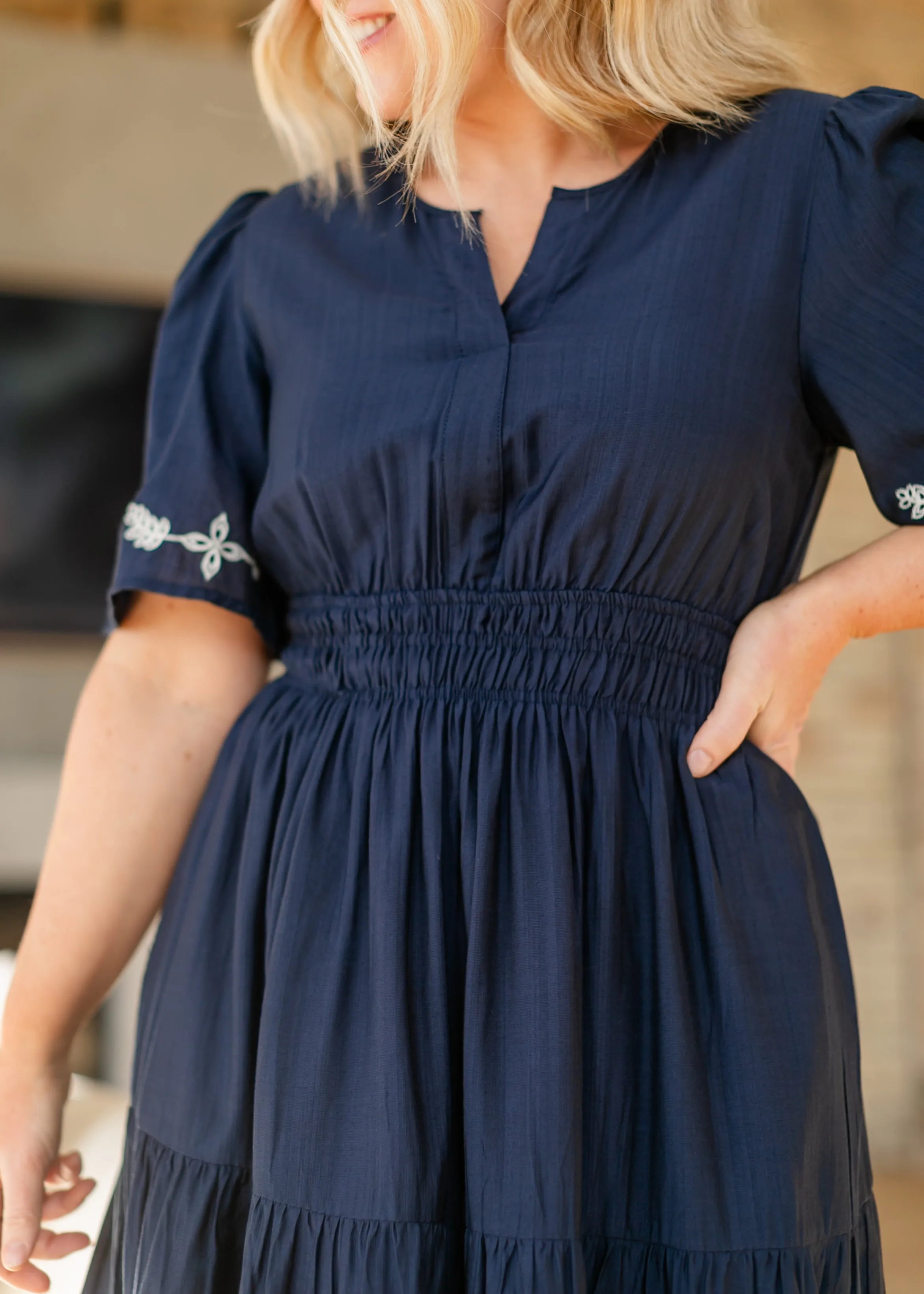 Embroidered Split V-neck Tiered Maxi Dress
