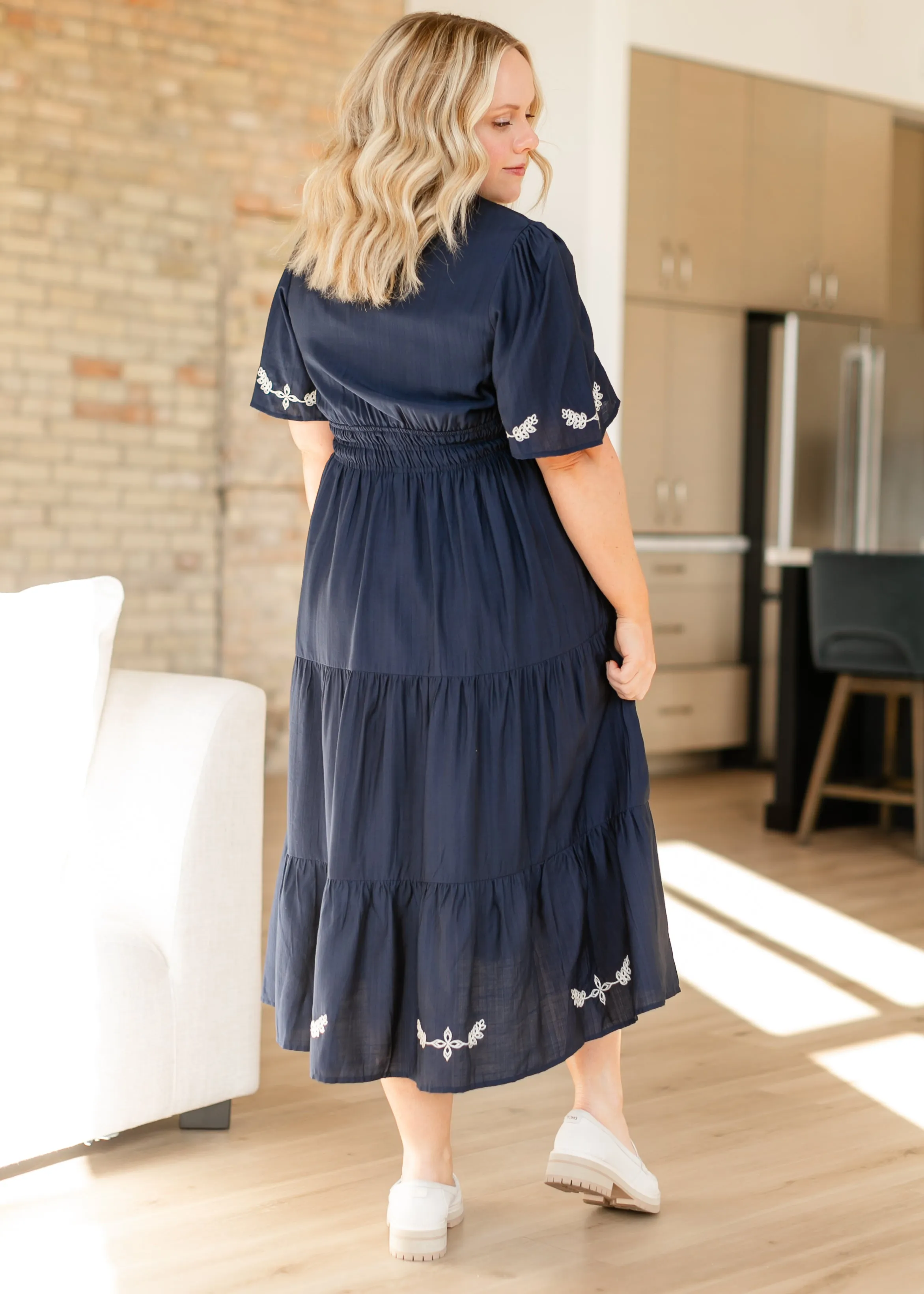 Embroidered Split V-neck Tiered Maxi Dress