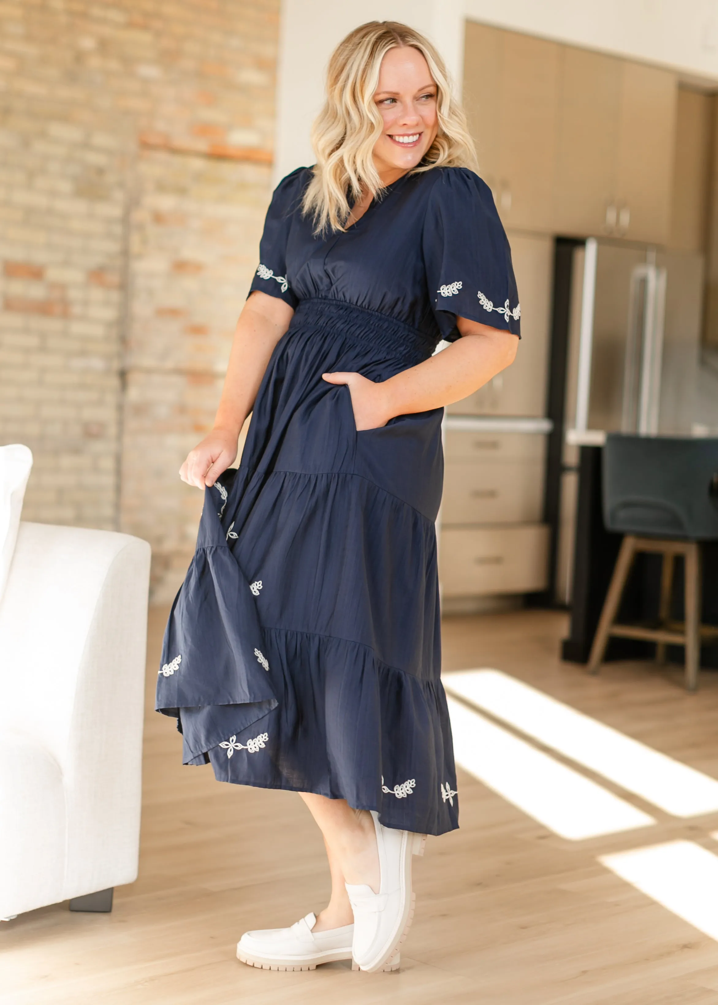 Embroidered Split V-neck Tiered Maxi Dress