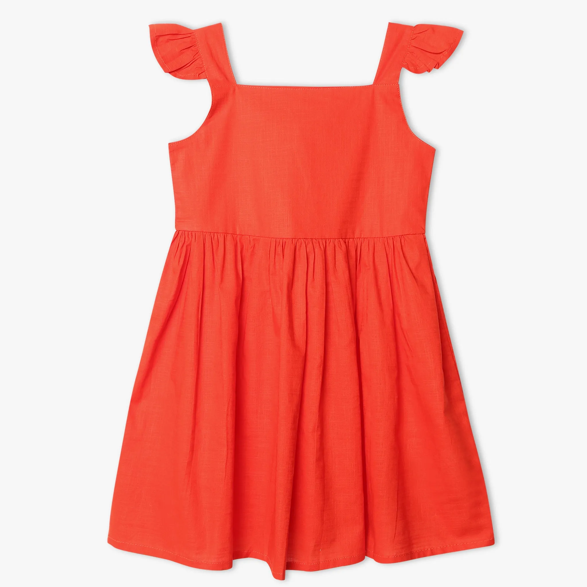 Girls Knee Length Square Neck Short Sleeve Dress