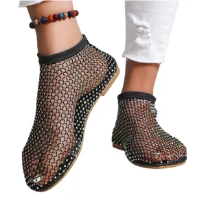 Glittery Stretchy Hollow Shoes Women Comfortable Shiny Rhinestone Flats Shoe Black