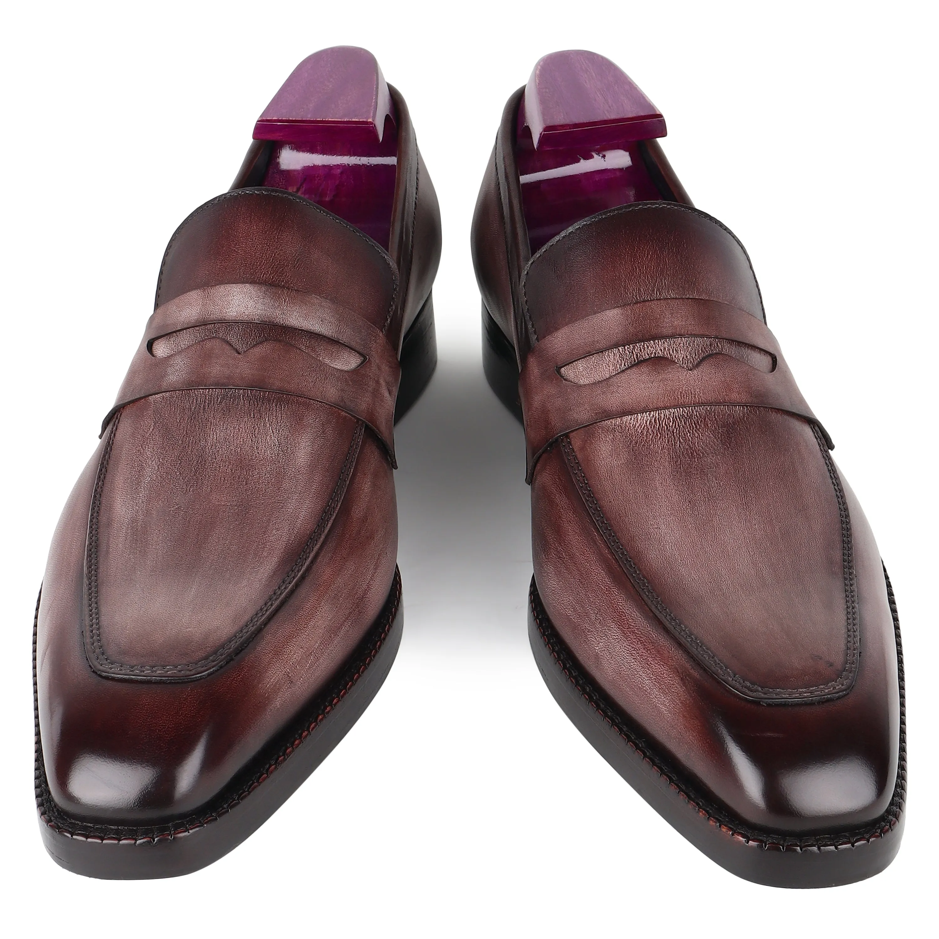 Grey Mirror Glossed Washed Patina Square Toe Penny Loafers