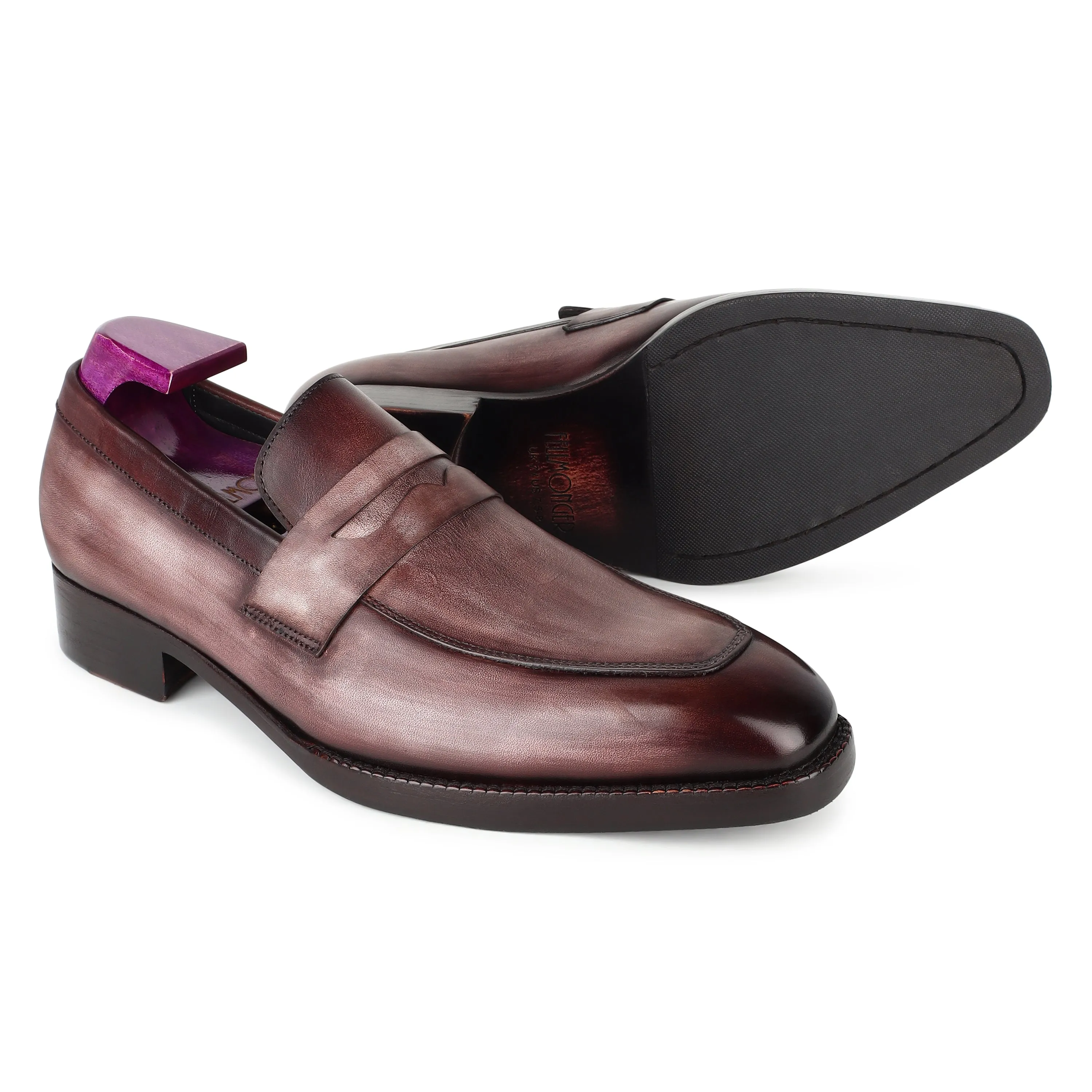 Grey Mirror Glossed Washed Patina Square Toe Penny Loafers