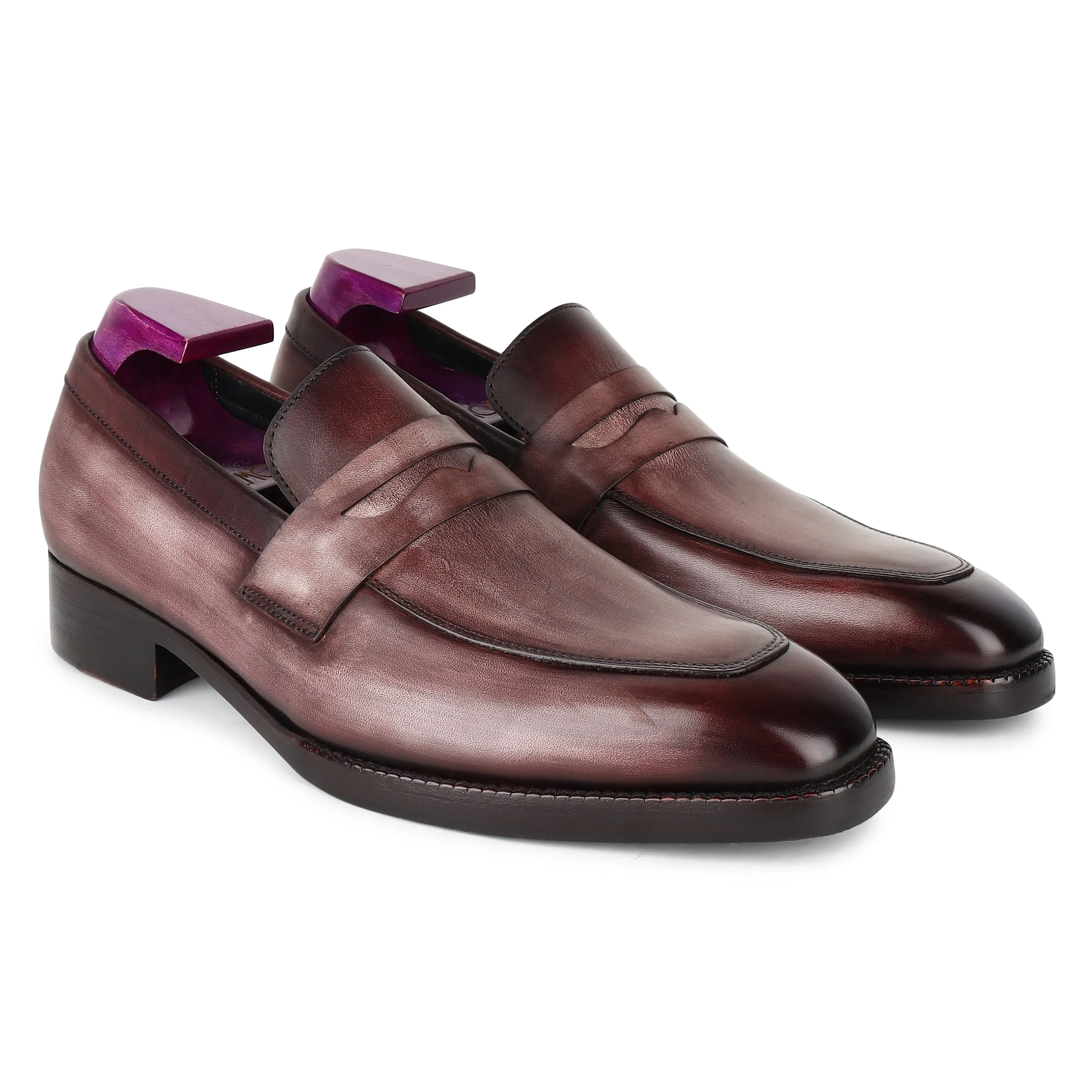 Grey Mirror Glossed Washed Patina Square Toe Penny Loafers