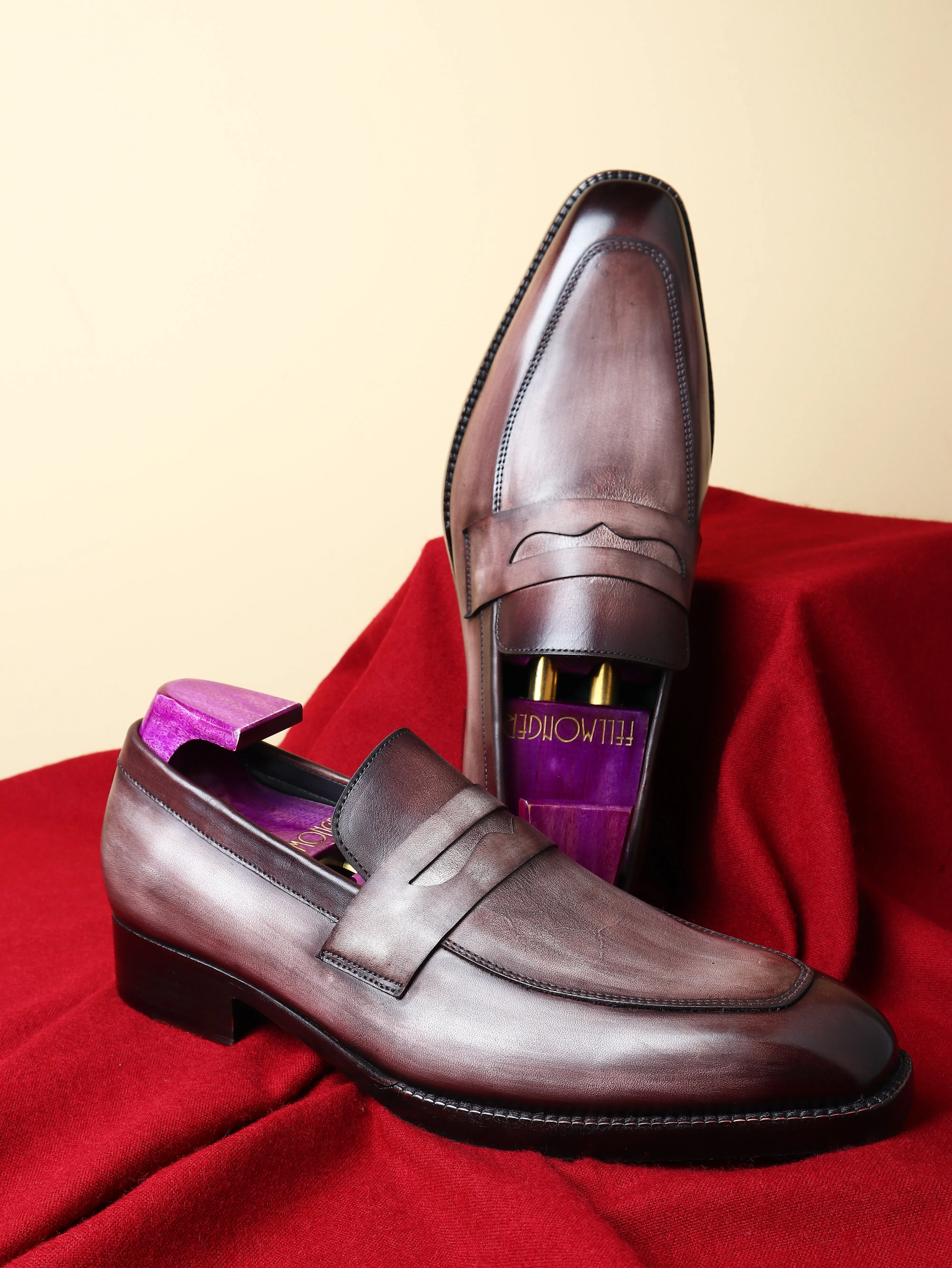 Grey Mirror Glossed Washed Patina Square Toe Penny Loafers