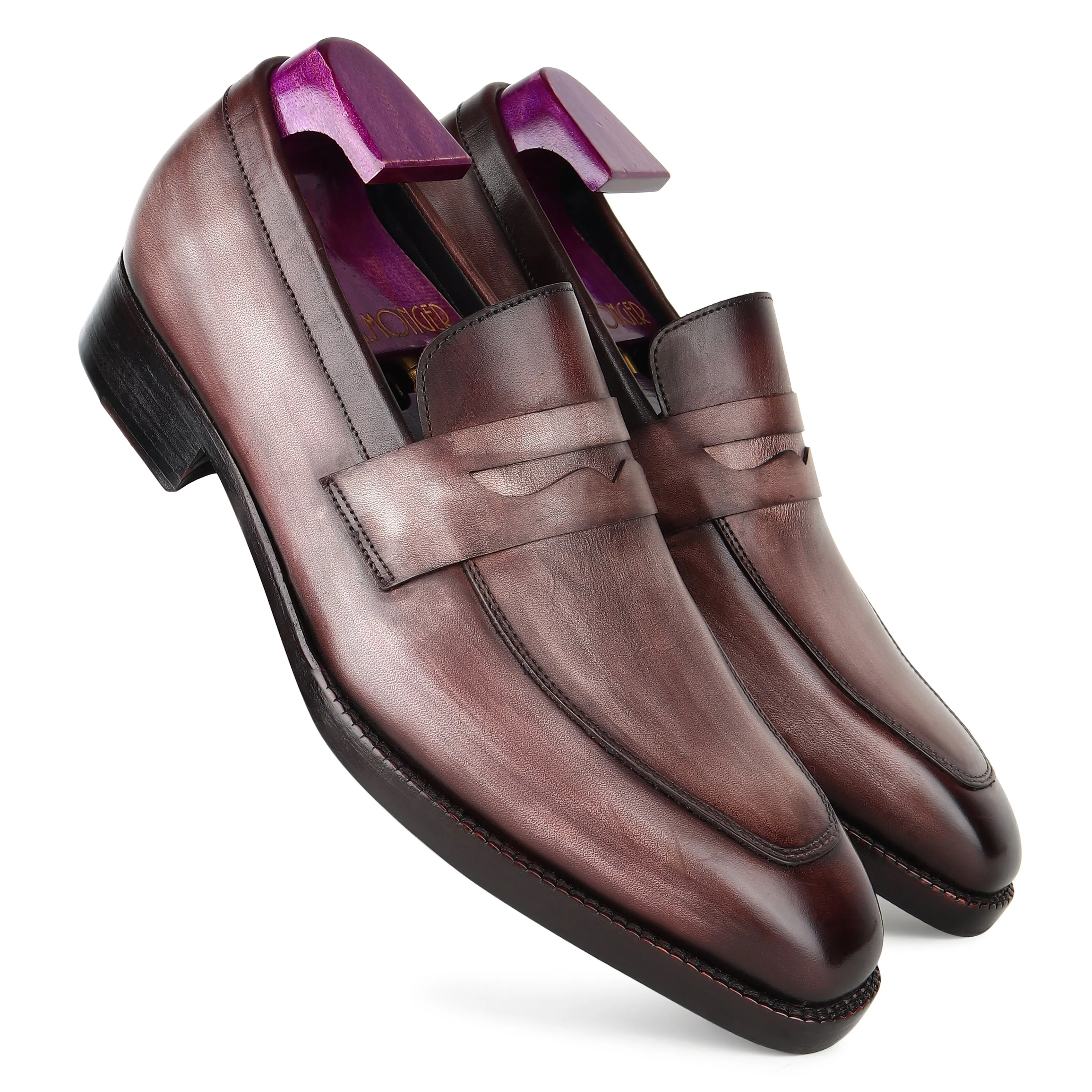 Grey Mirror Glossed Washed Patina Square Toe Penny Loafers