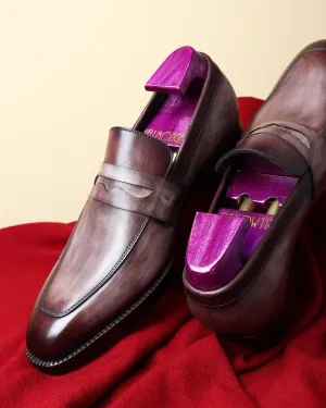 Grey Mirror Glossed Washed Patina Square Toe Penny Loafers