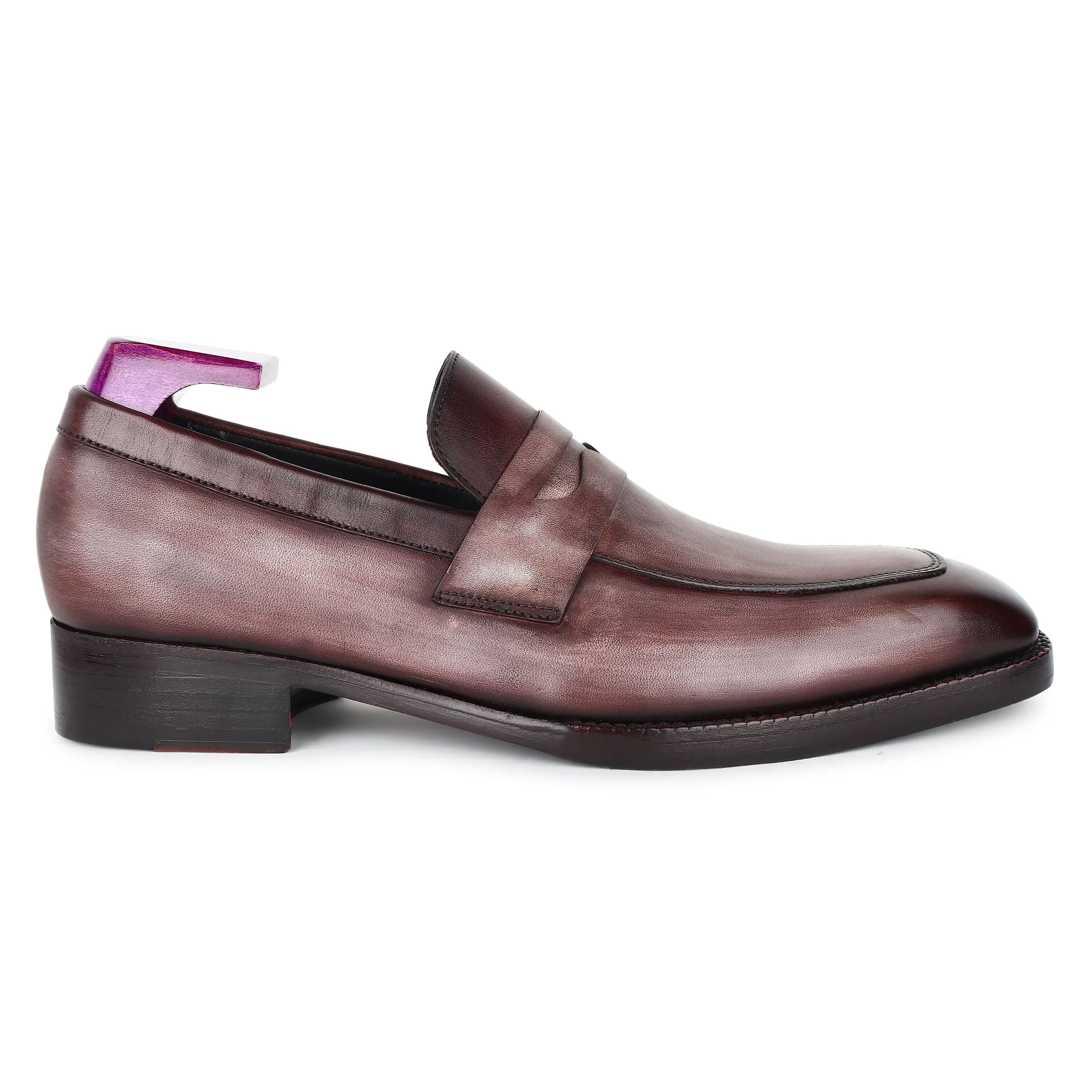 Grey Mirror Glossed Washed Patina Square Toe Penny Loafers