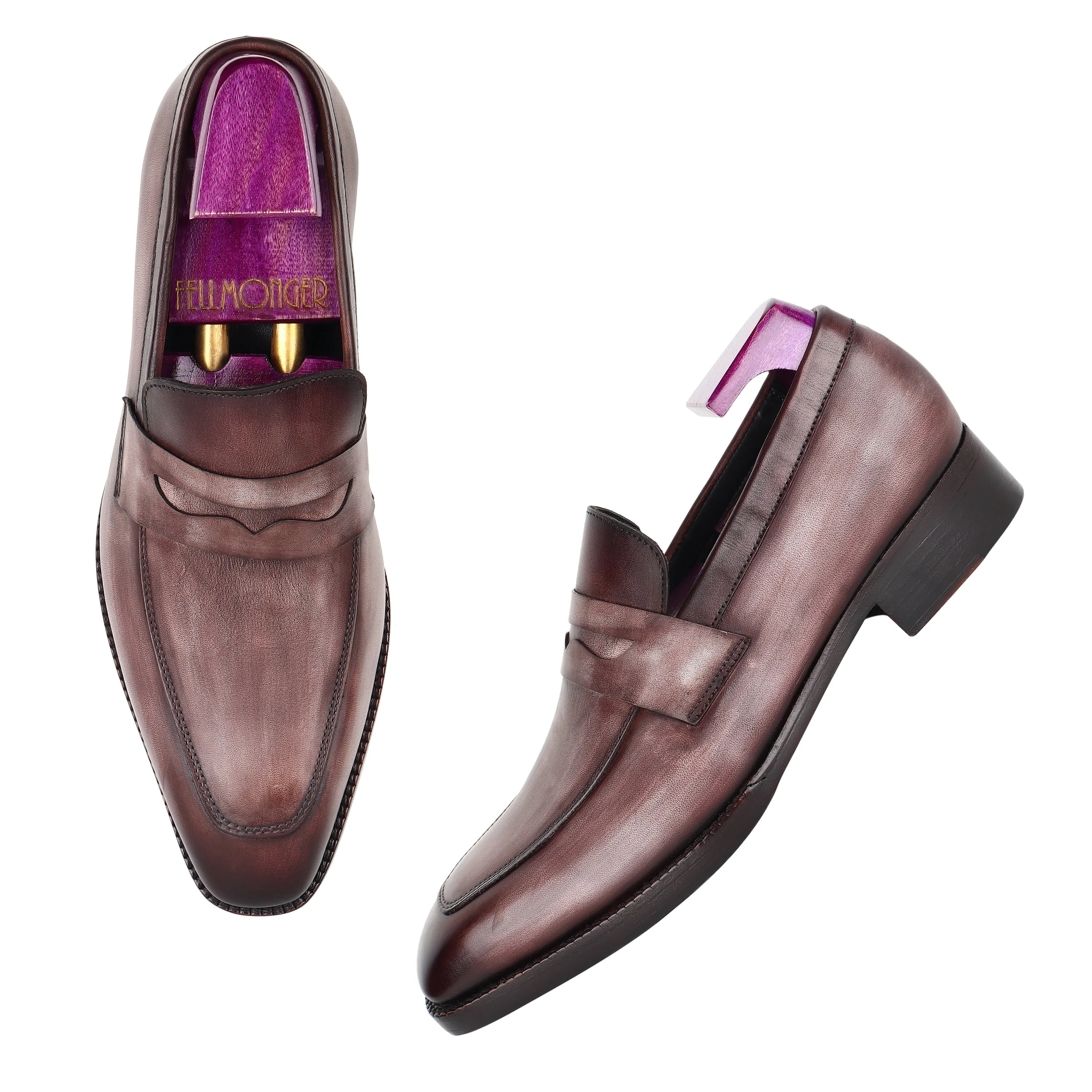 Grey Mirror Glossed Washed Patina Square Toe Penny Loafers
