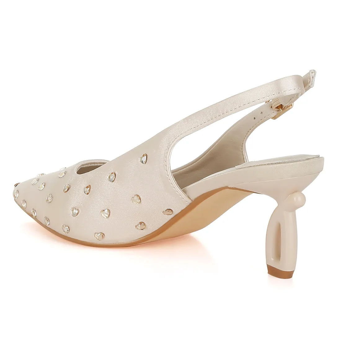 Heart-Shaped Rhinestone Studded Slingbacks