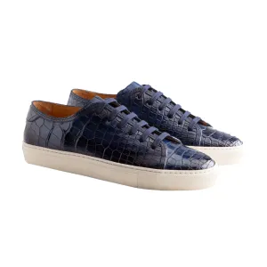 Height Increasing Navy Blue Croc Print Leather Cornella Lace Up Sneakers