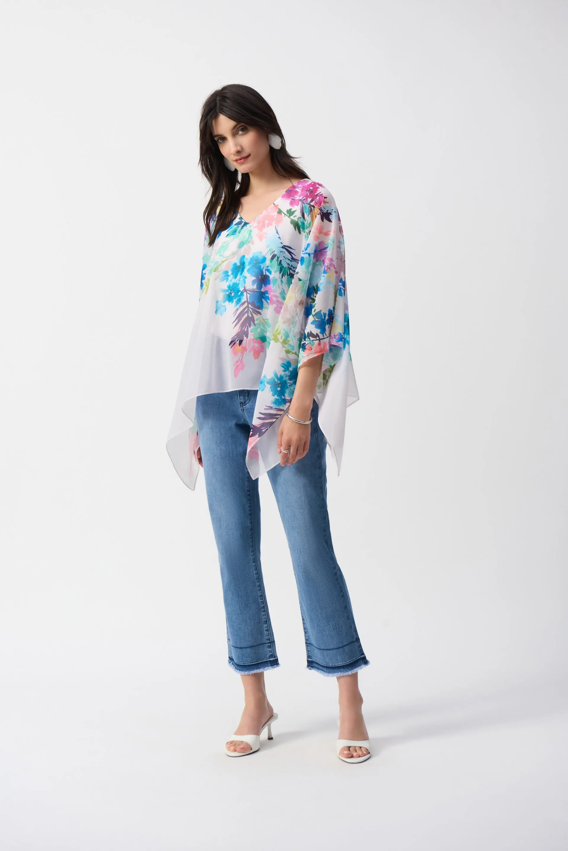Joseph Ribkoff Off-White/Multi Chiffon Floral Print Poncho Top Style 251238