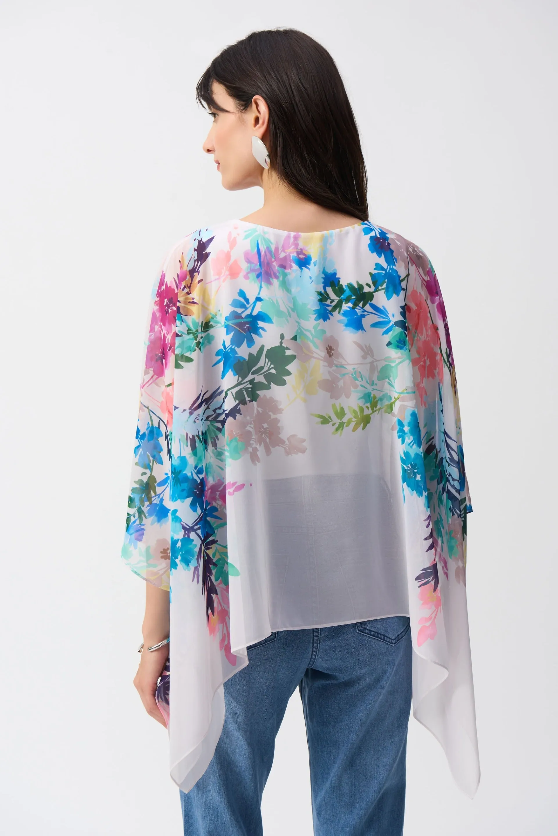 Joseph Ribkoff Off-White/Multi Chiffon Floral Print Poncho Top Style 251238