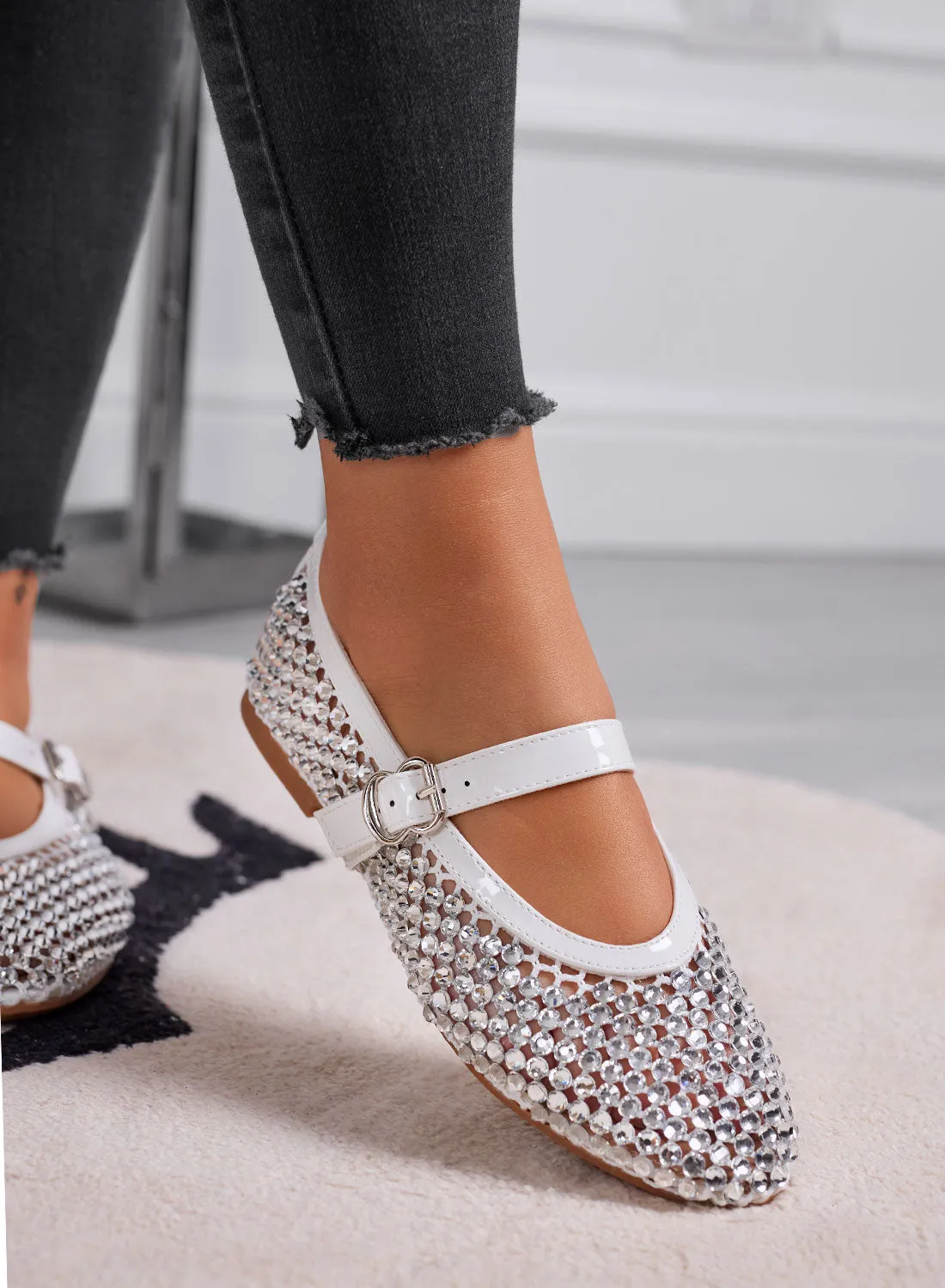 LAVINIA - White Ballerina Flats with Rhinestones and Adjustable Strap