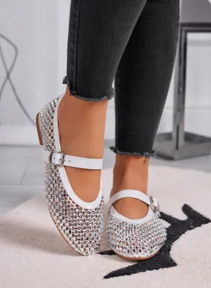 LAVINIA - White Ballerina Flats with Rhinestones and Adjustable Strap