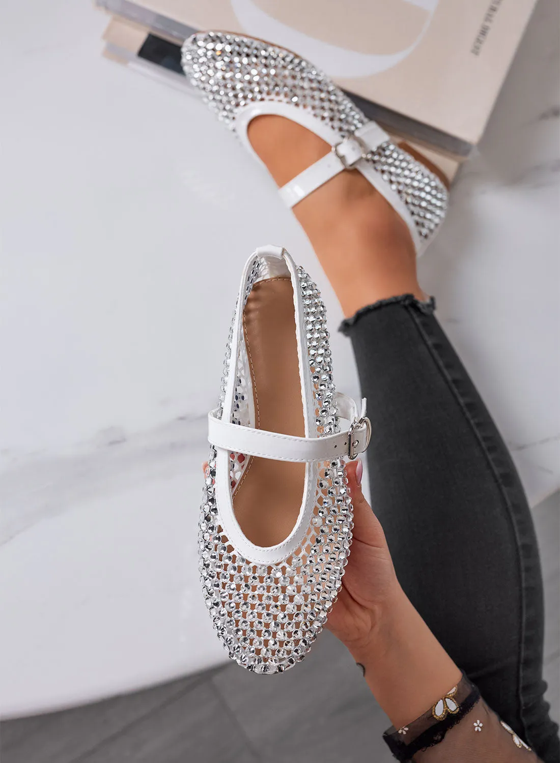LAVINIA - White Ballerina Flats with Rhinestones and Adjustable Strap