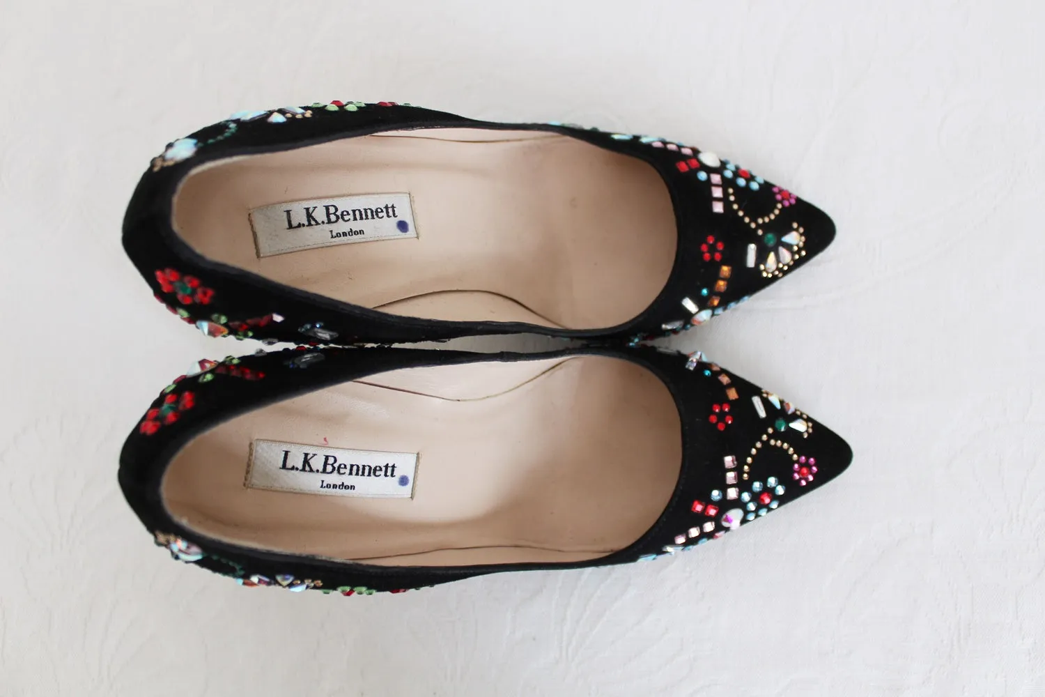 L.K. BENNETT JEWELLED HEELS BLACK - SIZE 4