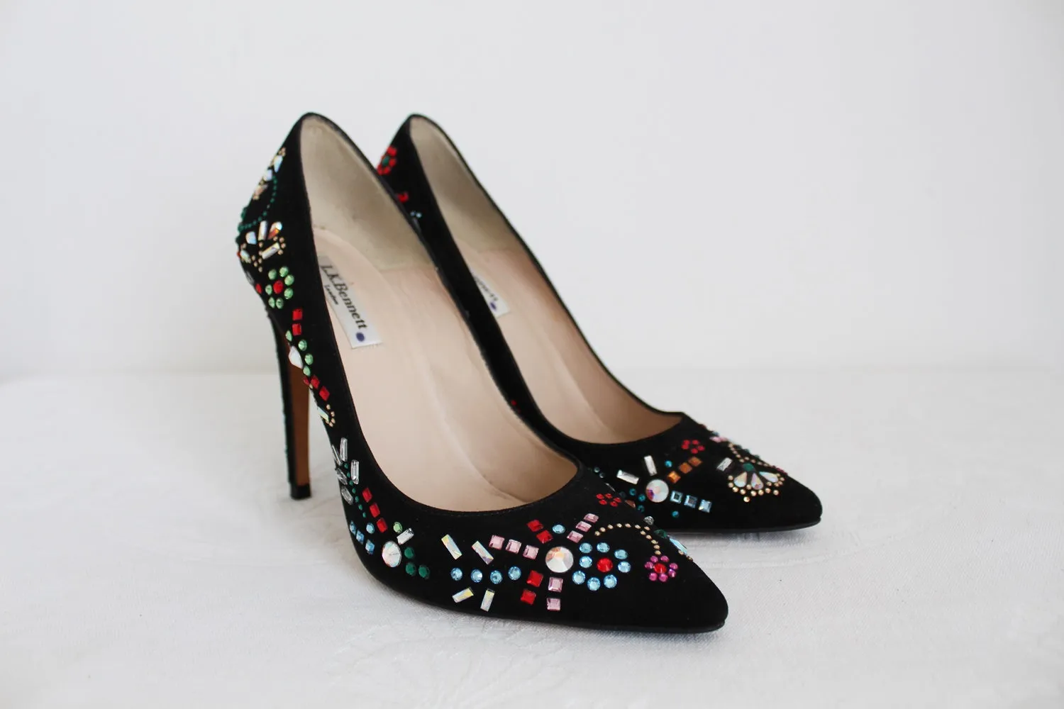 L.K. BENNETT JEWELLED HEELS BLACK - SIZE 4