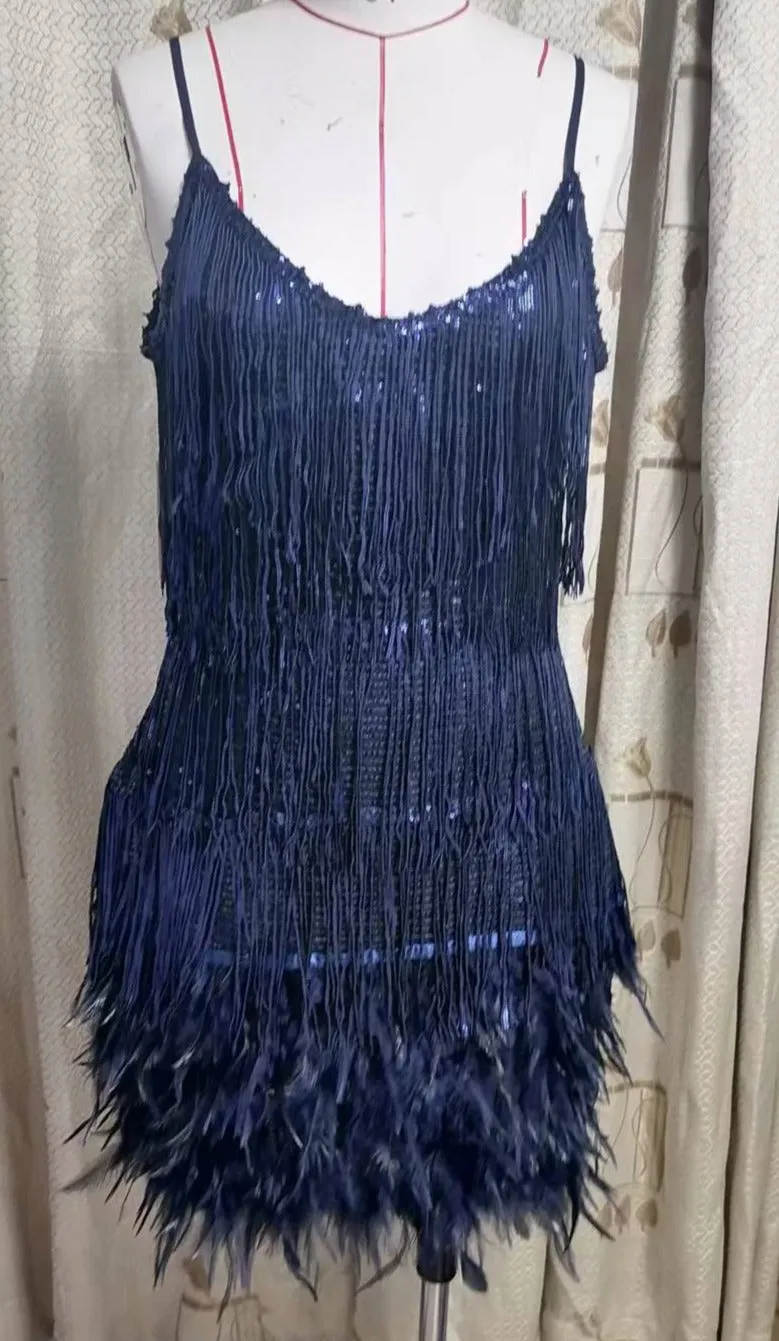 Luexco Women's Sequined Feather Tassel Mini Dress